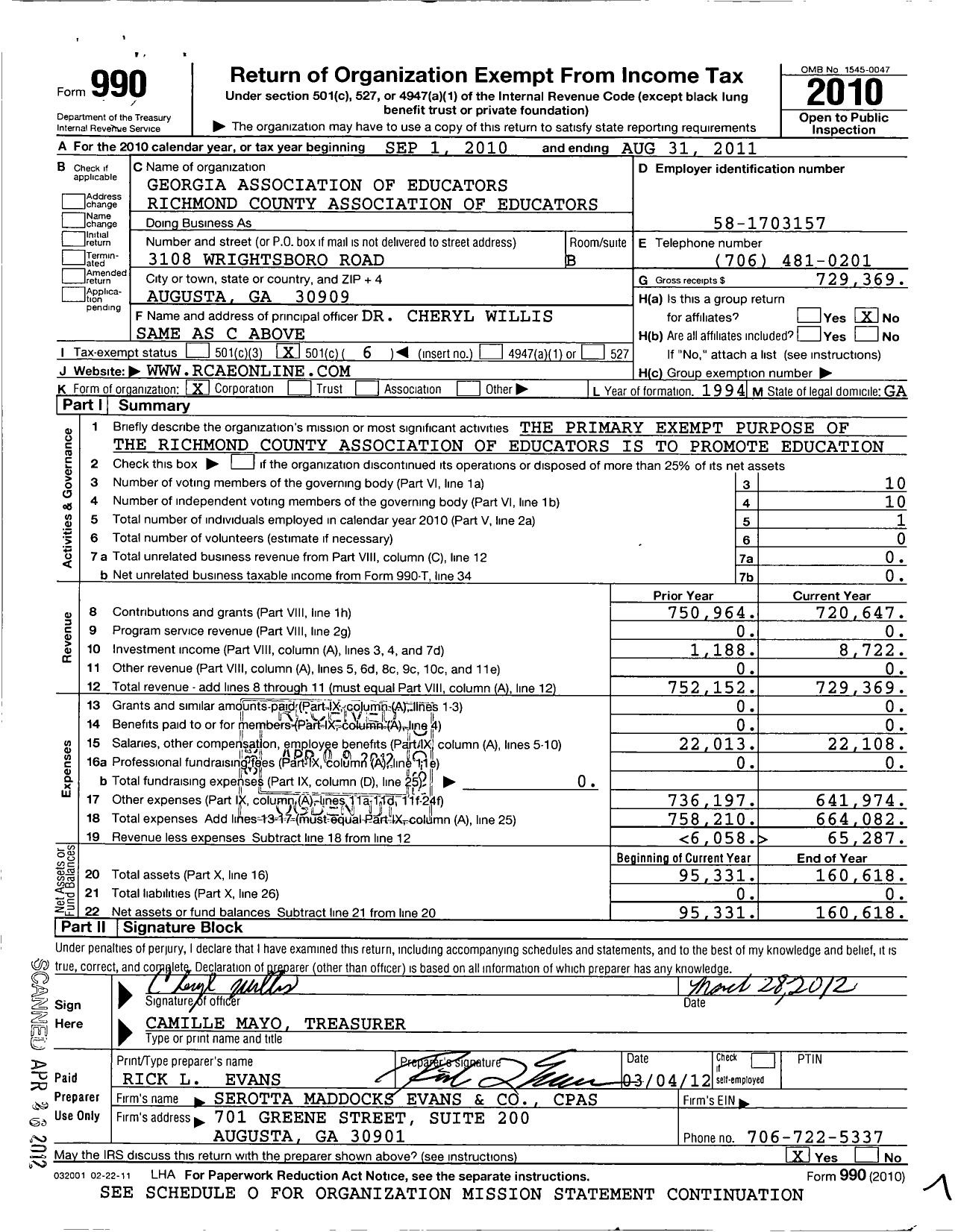 Image of first page of 2010 Form 990O for Georgia Association of Educators Richmond County Association of Educators