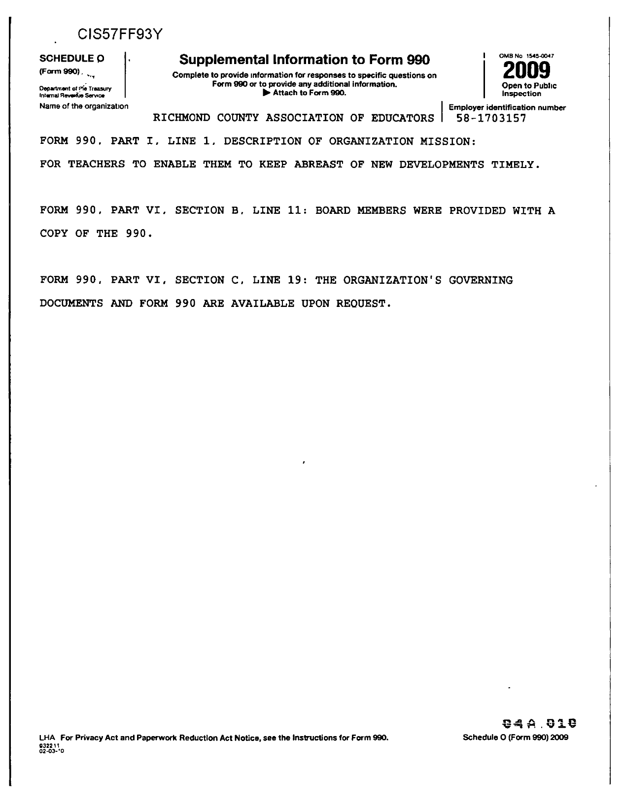 Image of first page of 2009 Form 990OR for Georgia Association of Educators Richmond County Association of Educators