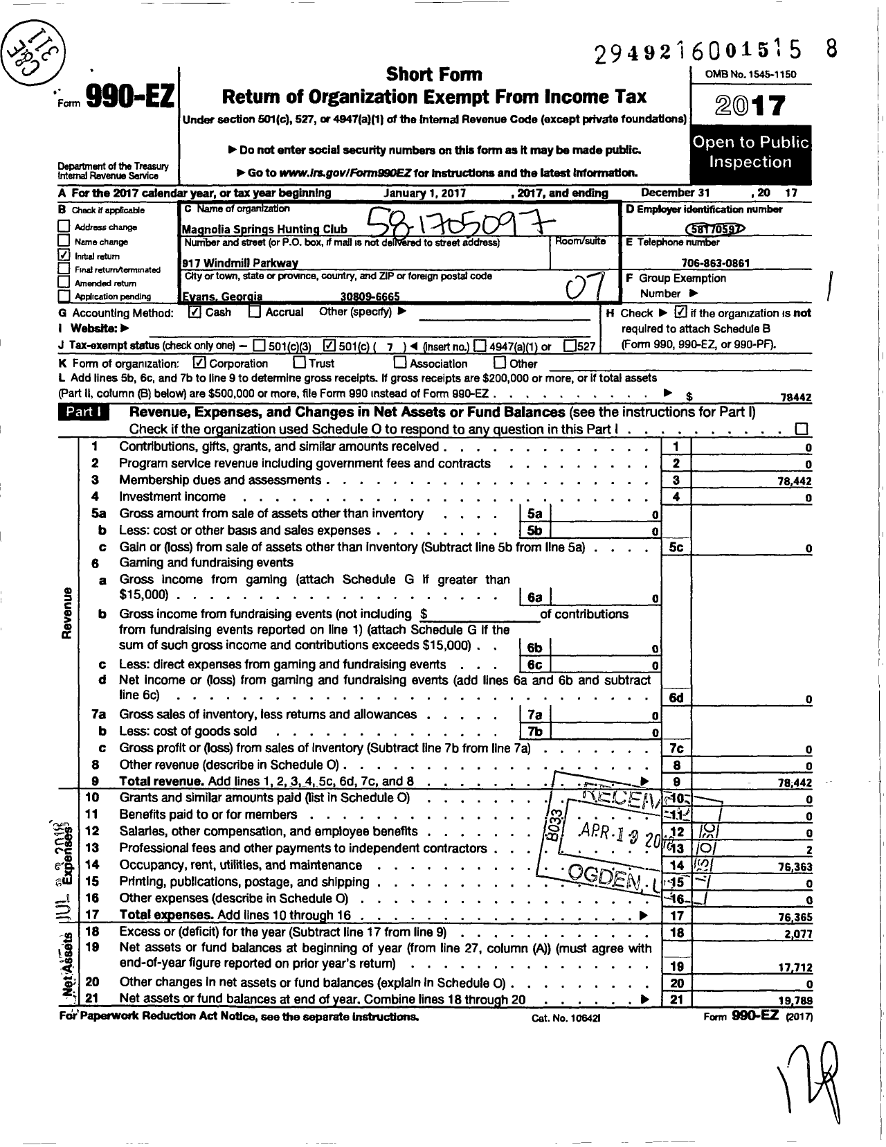 Image of first page of 2017 Form 990EO for Magnolia Springs Hunting Club