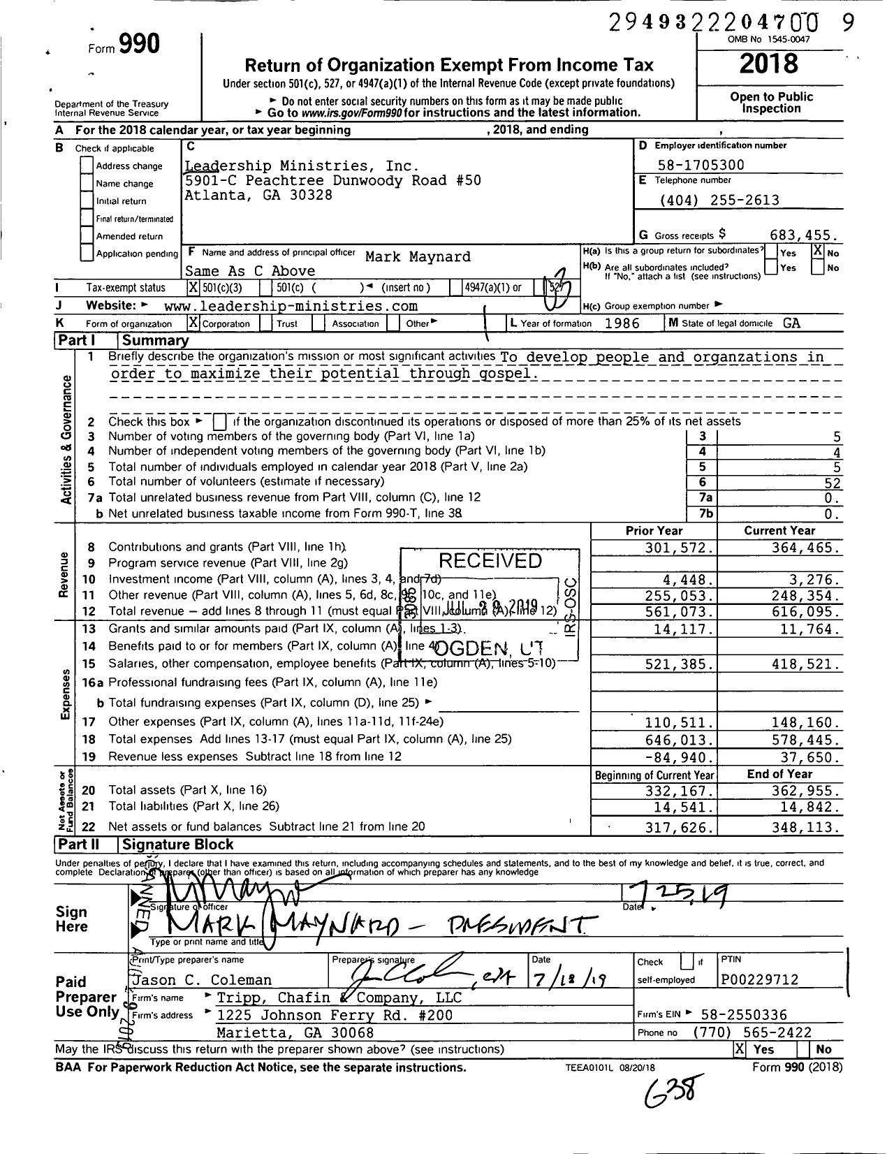 Image of first page of 2018 Form 990 for Leadership Ministries