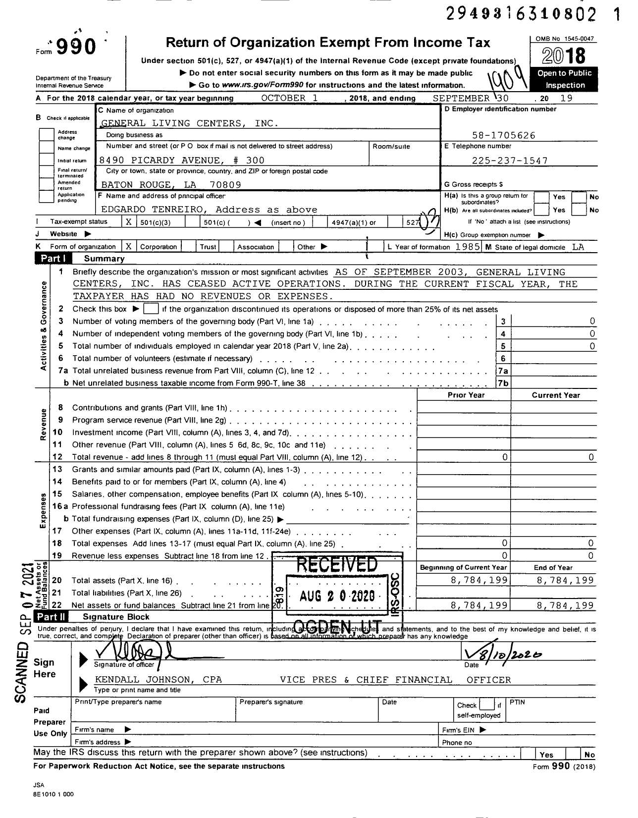 Image of first page of 2018 Form 990 for General Living Centers