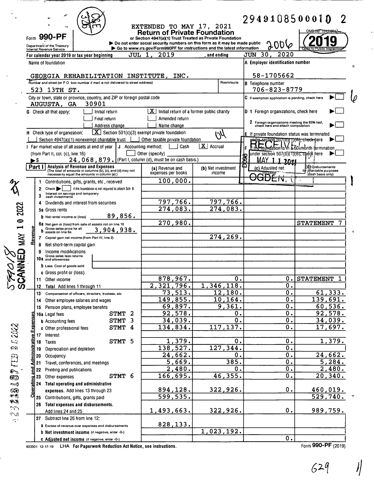 Image of first page of 2019 Form 990PF for Georgia Rehabilitation Institute