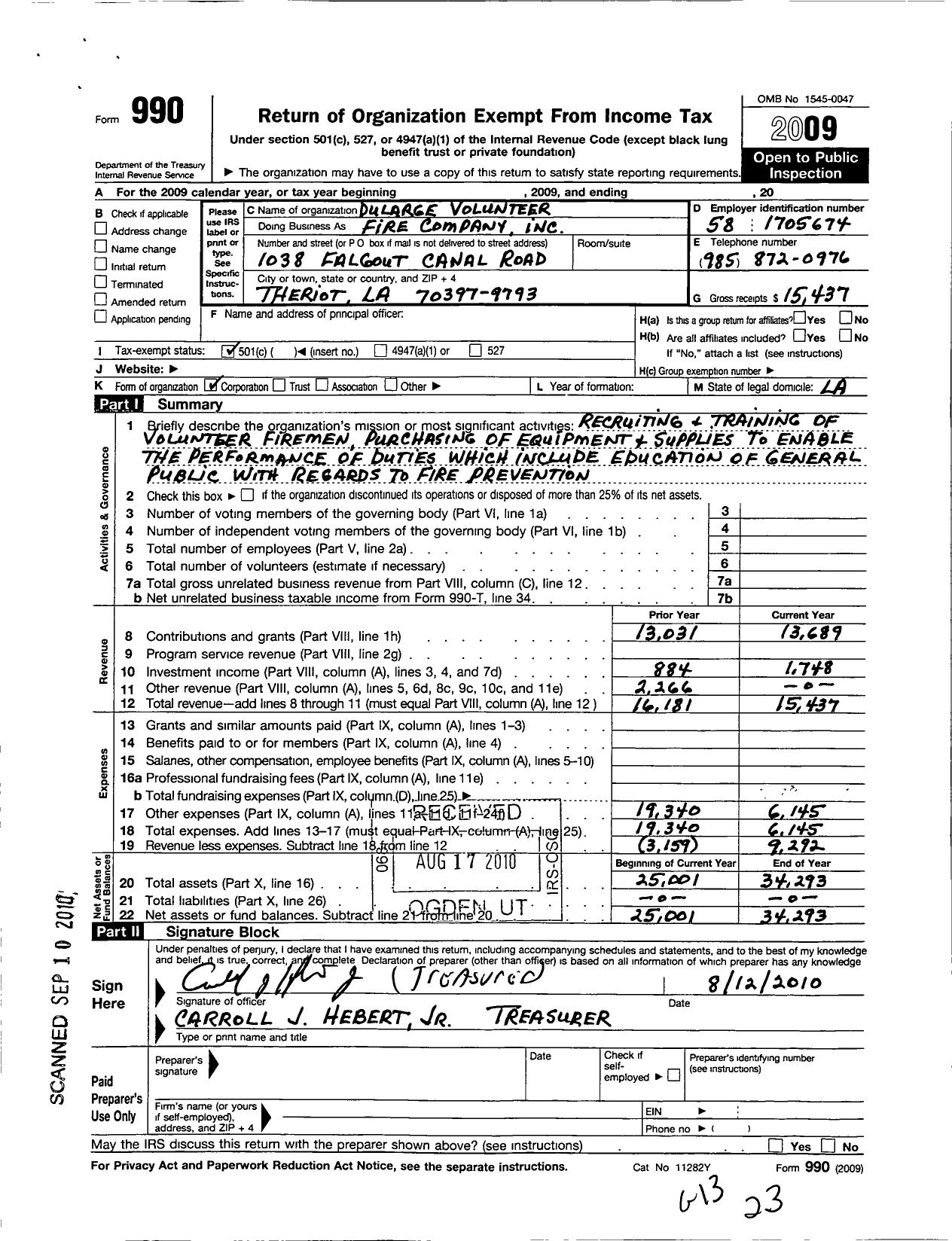 Image of first page of 2009 Form 990O for Dularge Volunteer Fire Company