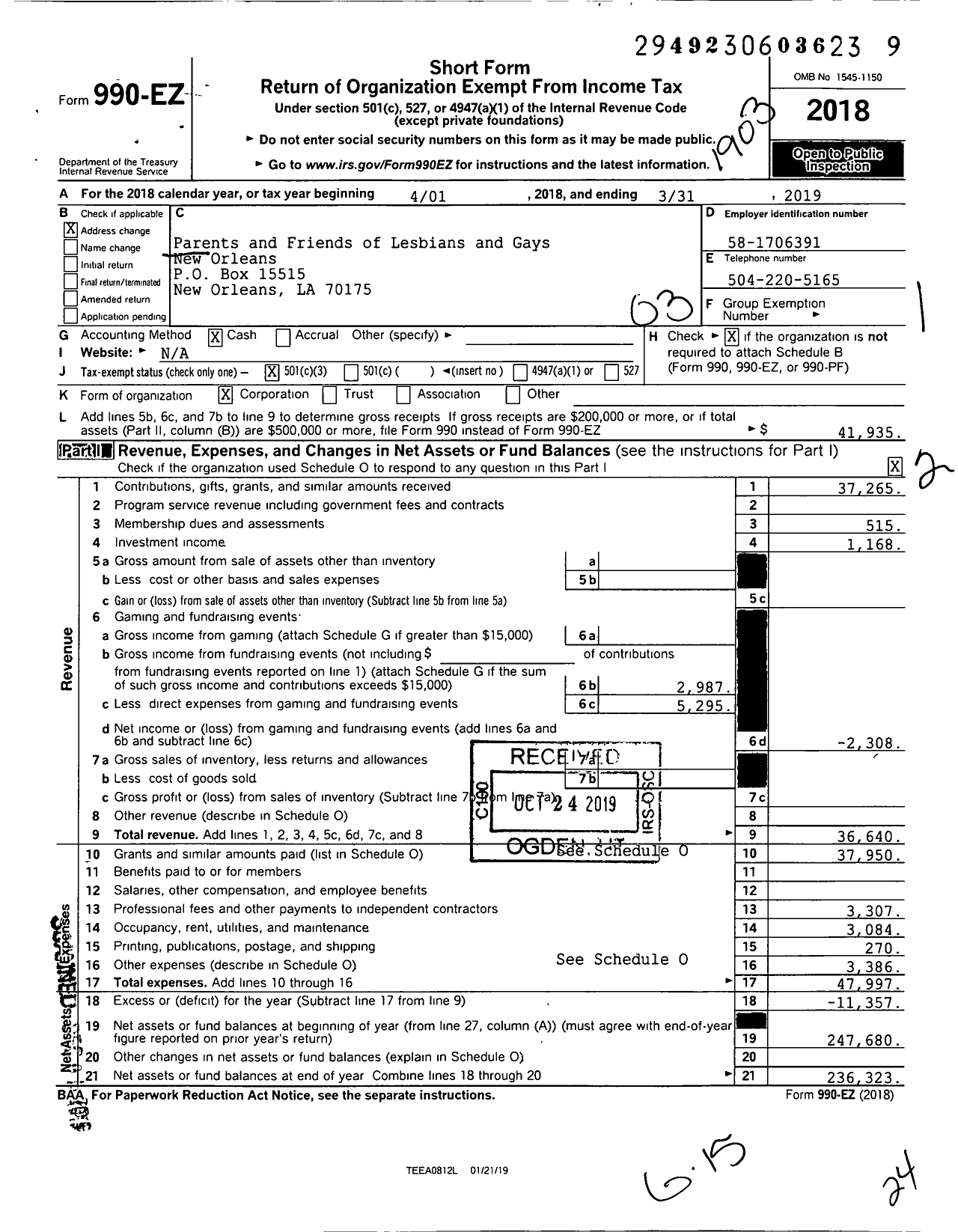 Image of first page of 2018 Form 990EZ for Pflag New Orleans Chapter