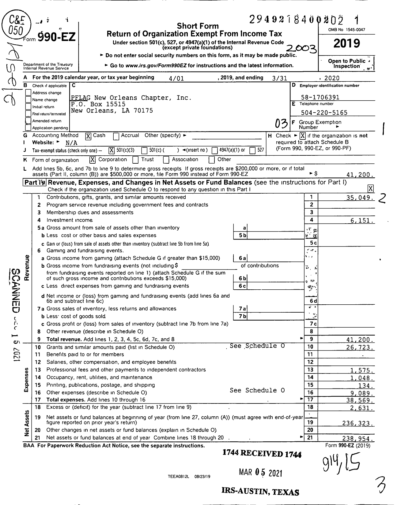 Image of first page of 2019 Form 990EZ for Pflag New Orleans Chapter