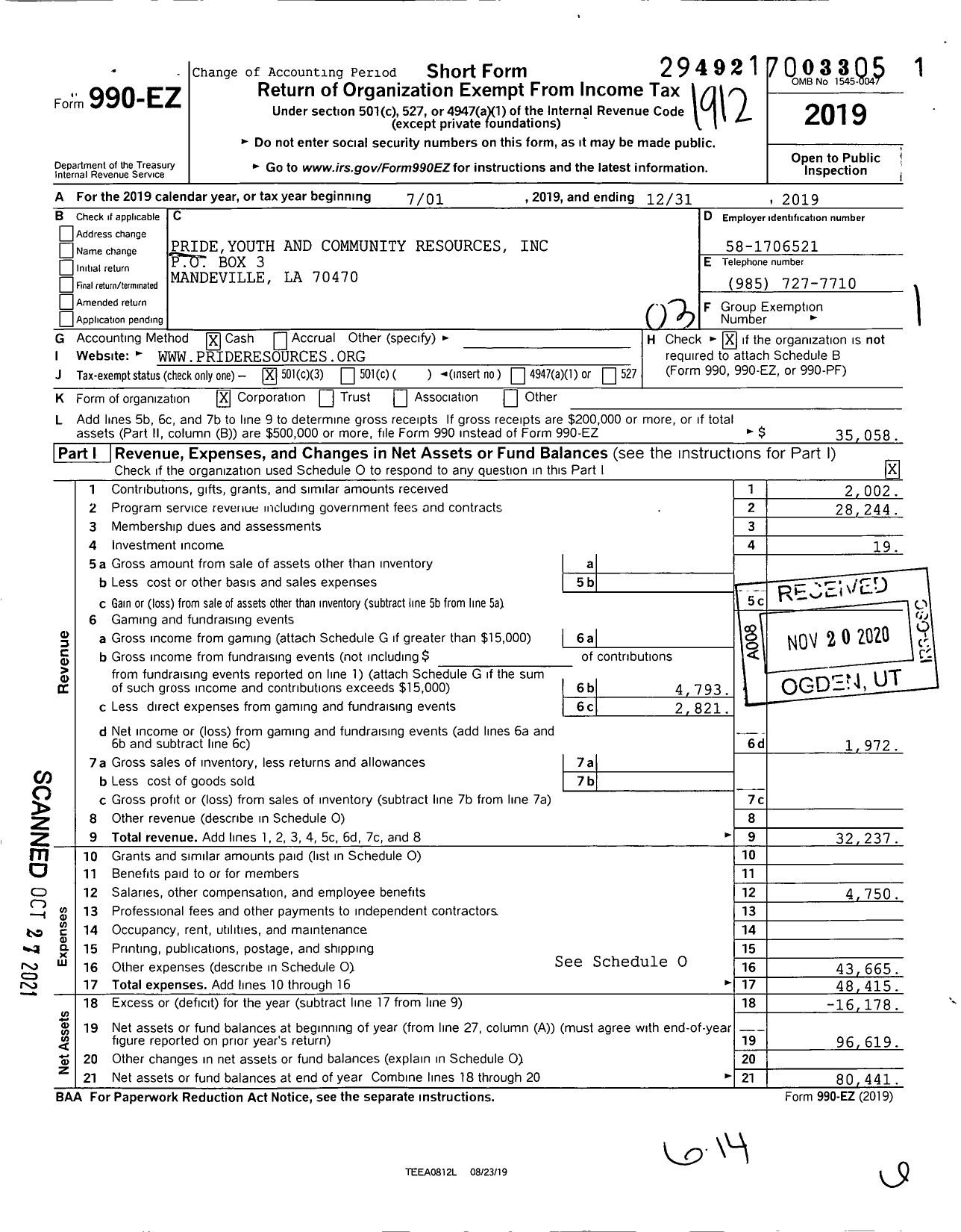 Image of first page of 2019 Form 990EZ for Pride Youth and Community Resources