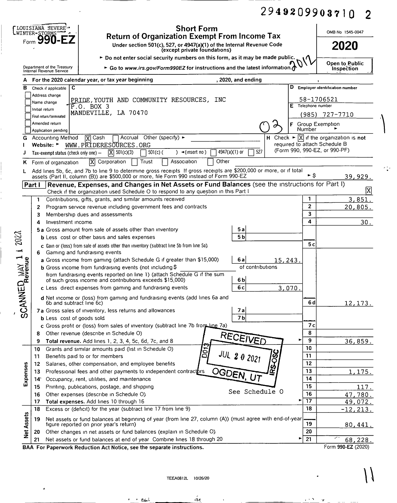 Image of first page of 2020 Form 990EZ for Pride Youth and Community Resources