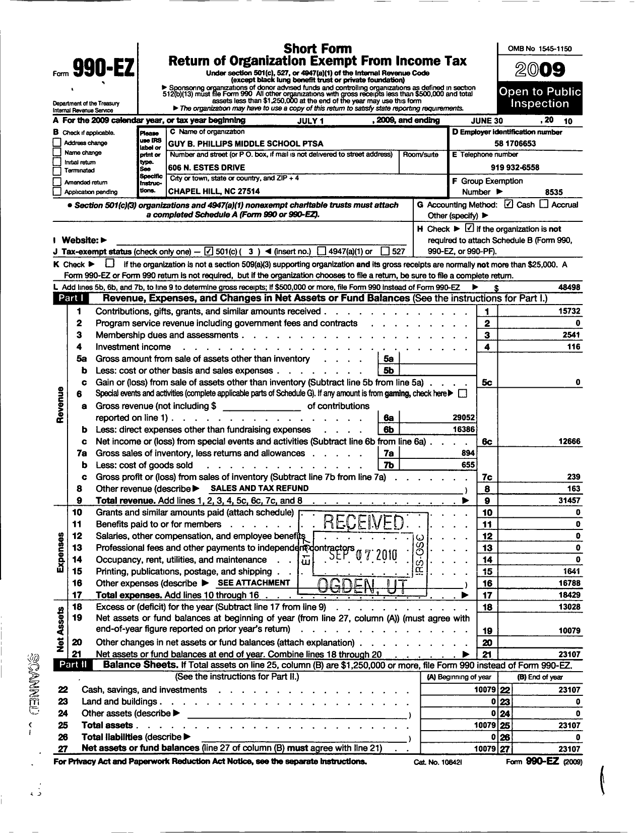 Image of first page of 2009 Form 990EZ for North Carolina PTA - Guy Phillips Middle PTA