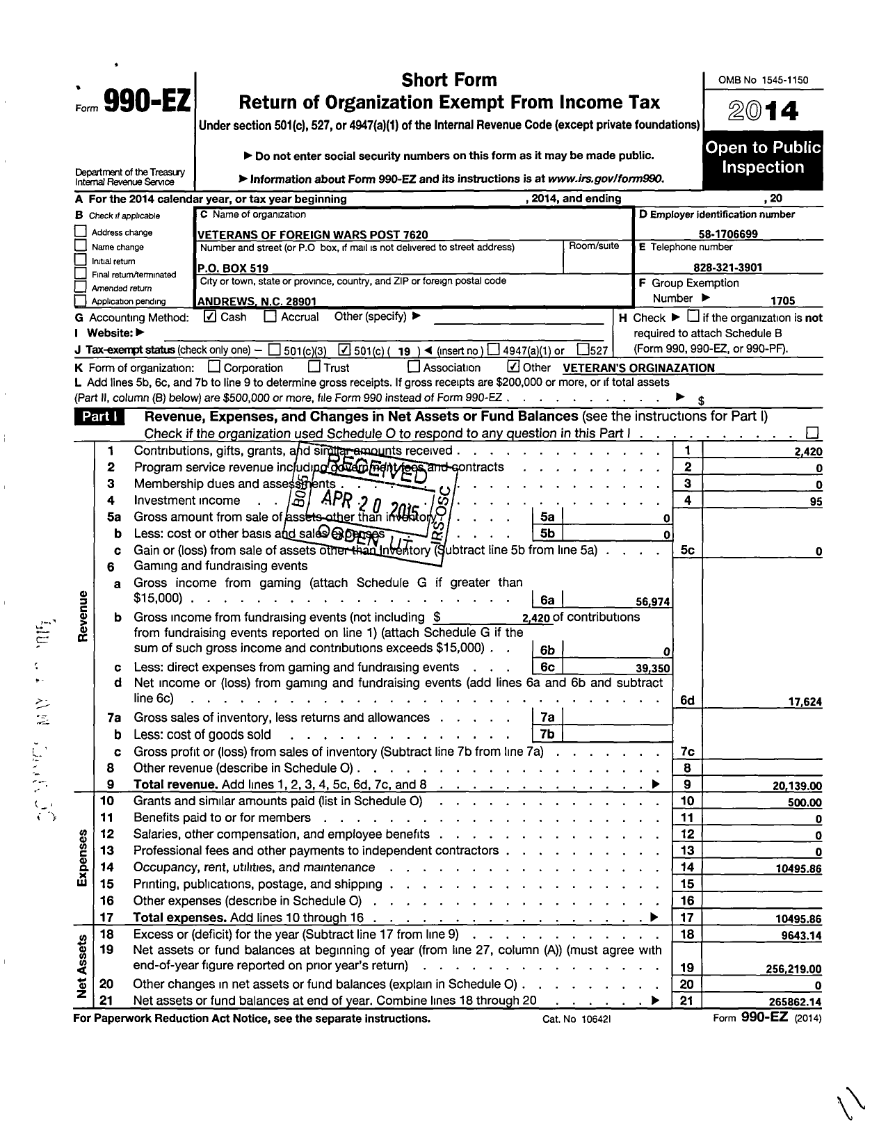 Image of first page of 2014 Form 990EO for VFW NC - 7620 Andrews Post