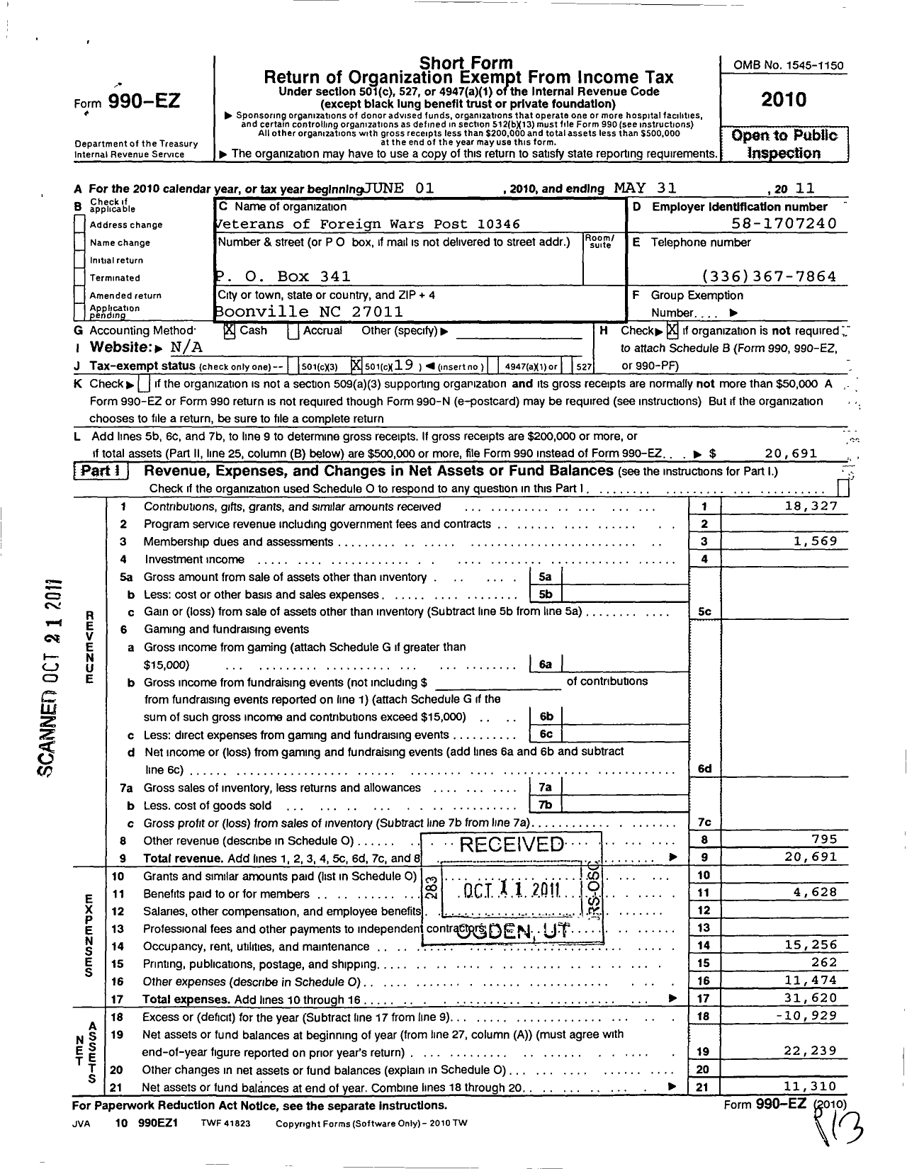 Image of first page of 2010 Form 990EO for VFW NC - 10346 Yadkin Post