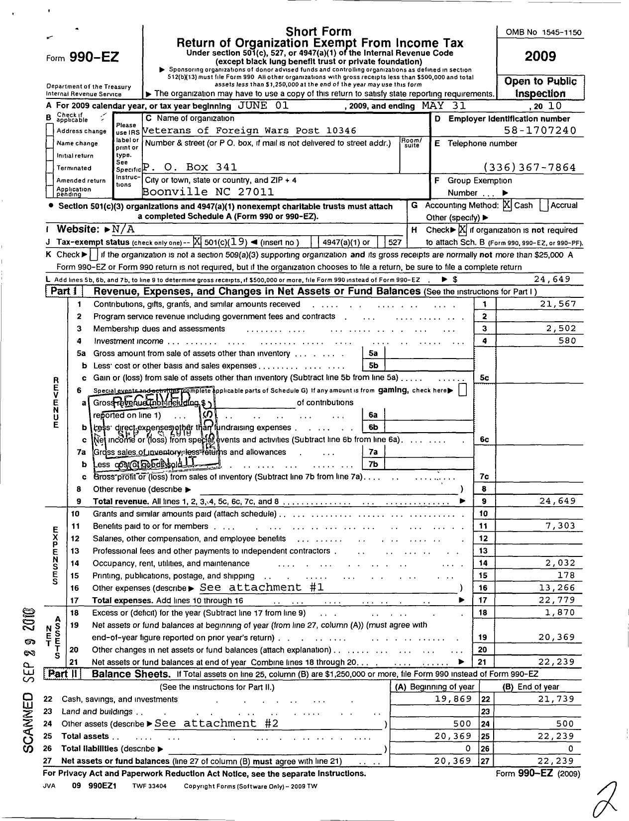 Image of first page of 2009 Form 990EO for VFW NC - 10346 Yadkin Post