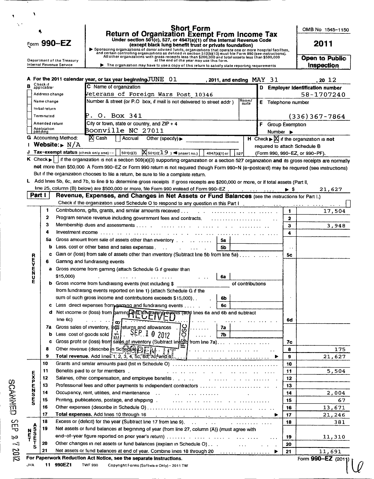 Image of first page of 2011 Form 990EO for VFW NC - 10346 Yadkin Post