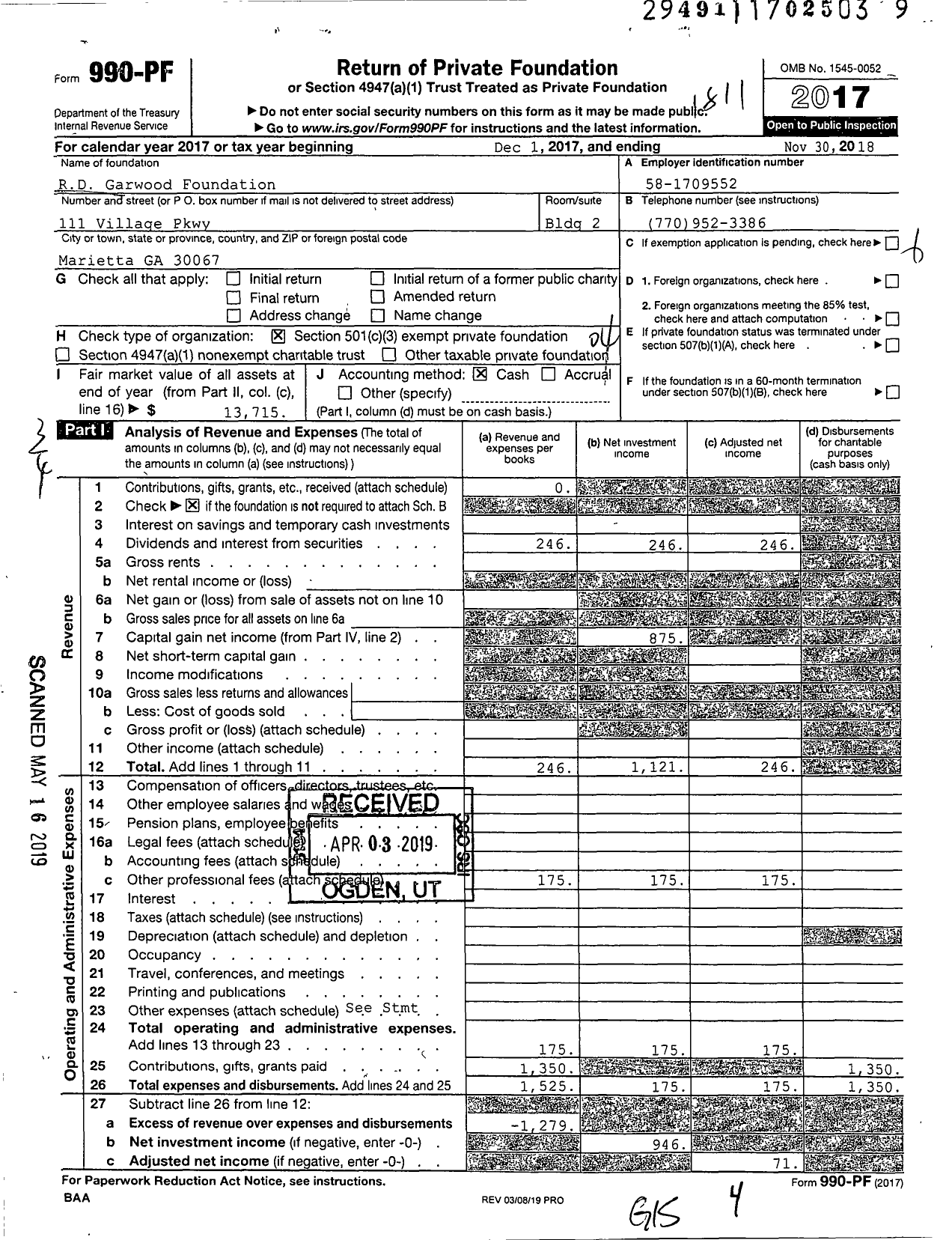 Image of first page of 2017 Form 990PF for RD Garwood Foundation