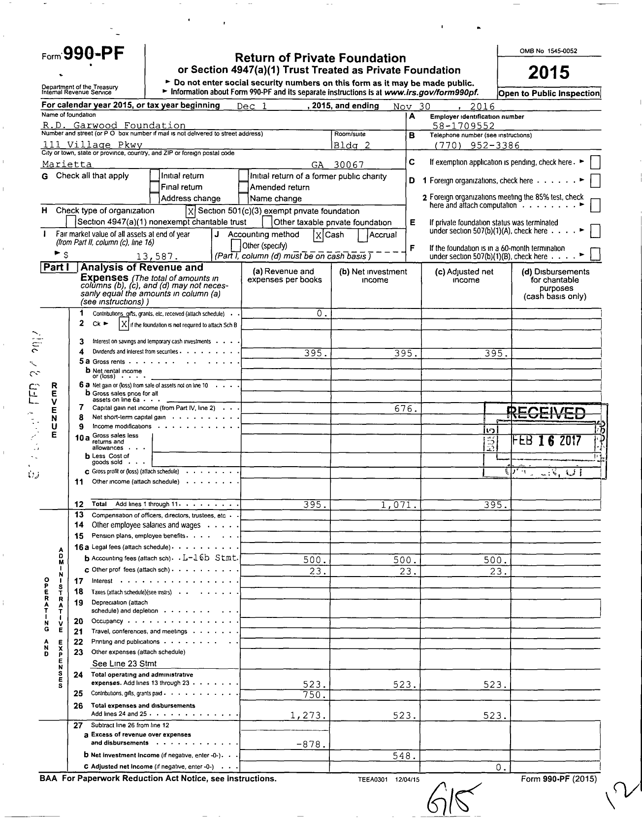 Image of first page of 2015 Form 990PF for RD Garwood Foundation