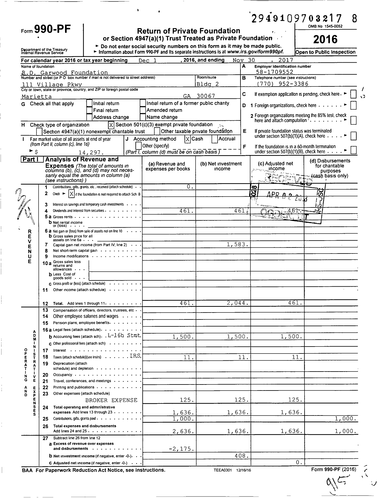 Image of first page of 2016 Form 990PF for RD Garwood Foundation