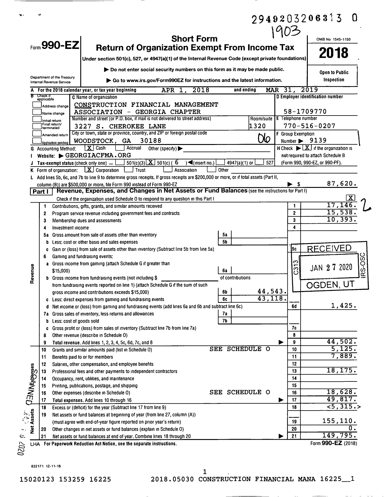 Image of first page of 2018 Form 990EO for Construction Financial Management Association - Georgia Chapter