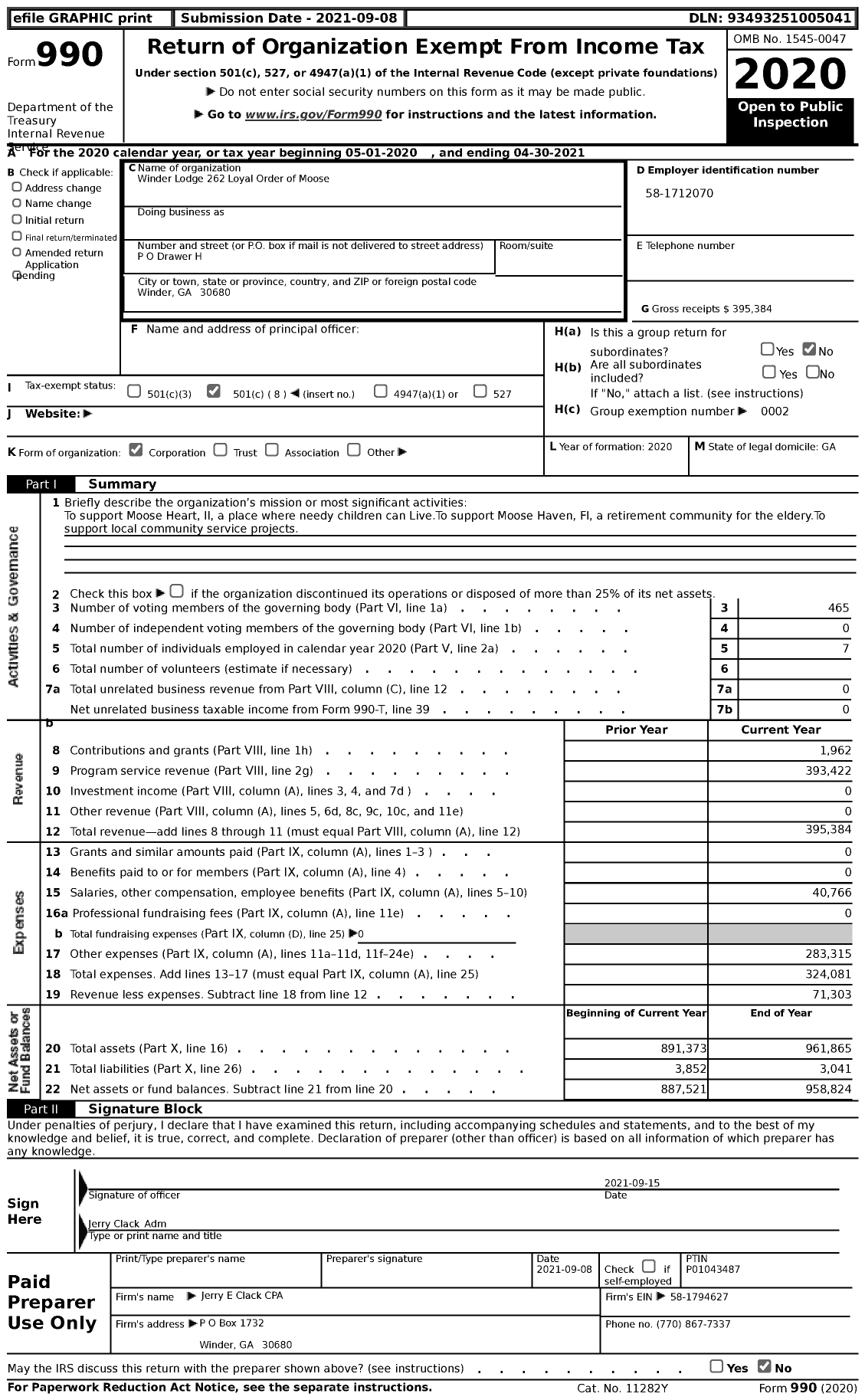 Image of first page of 2020 Form 990 for Loyal Order of Moose - 262