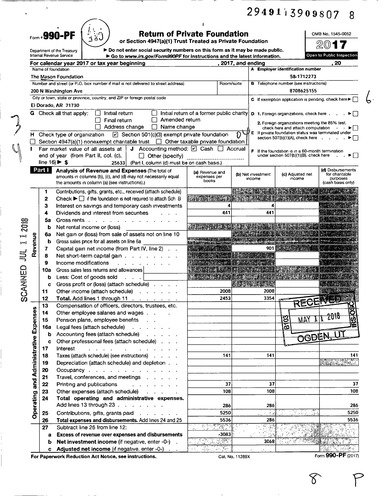 Image of first page of 2017 Form 990PF for The Mason Foundation
