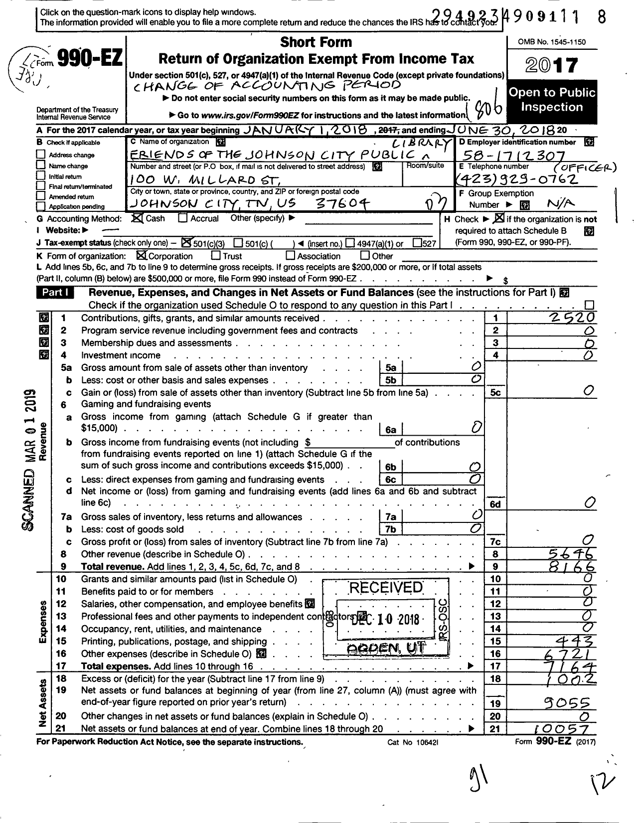 Image of first page of 2017 Form 990EZ for Friends of the Johnson City Public Library