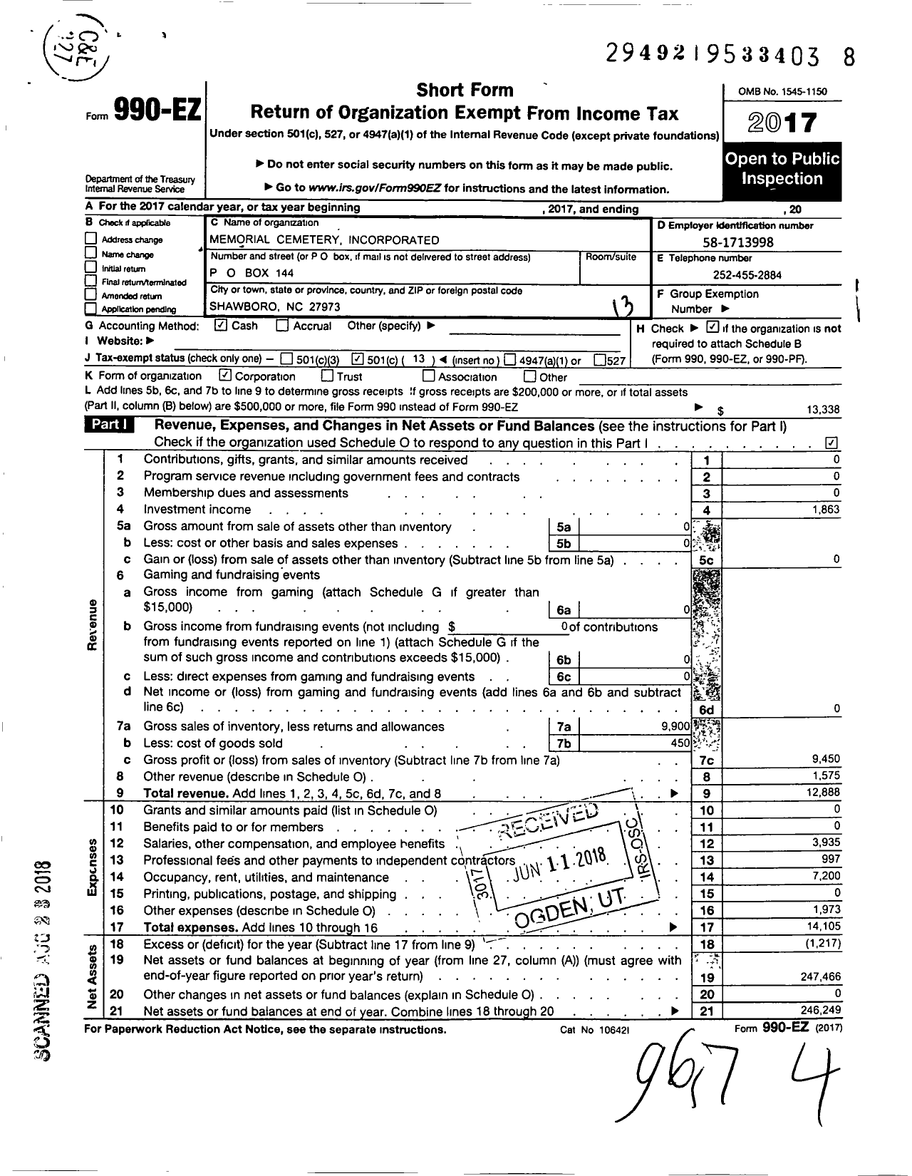 Image of first page of 2017 Form 990EO for Memorial Cemetery Incorporated