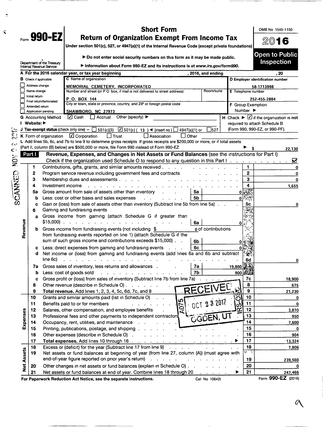 Image of first page of 2016 Form 990EO for Memorial Cemetery Incorporated