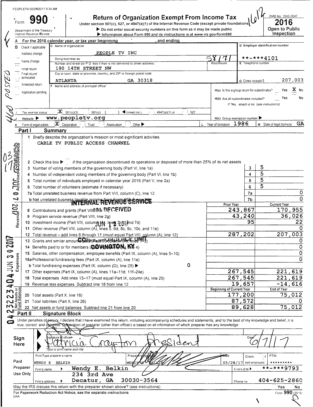 Image of first page of 2016 Form 990 for People TV