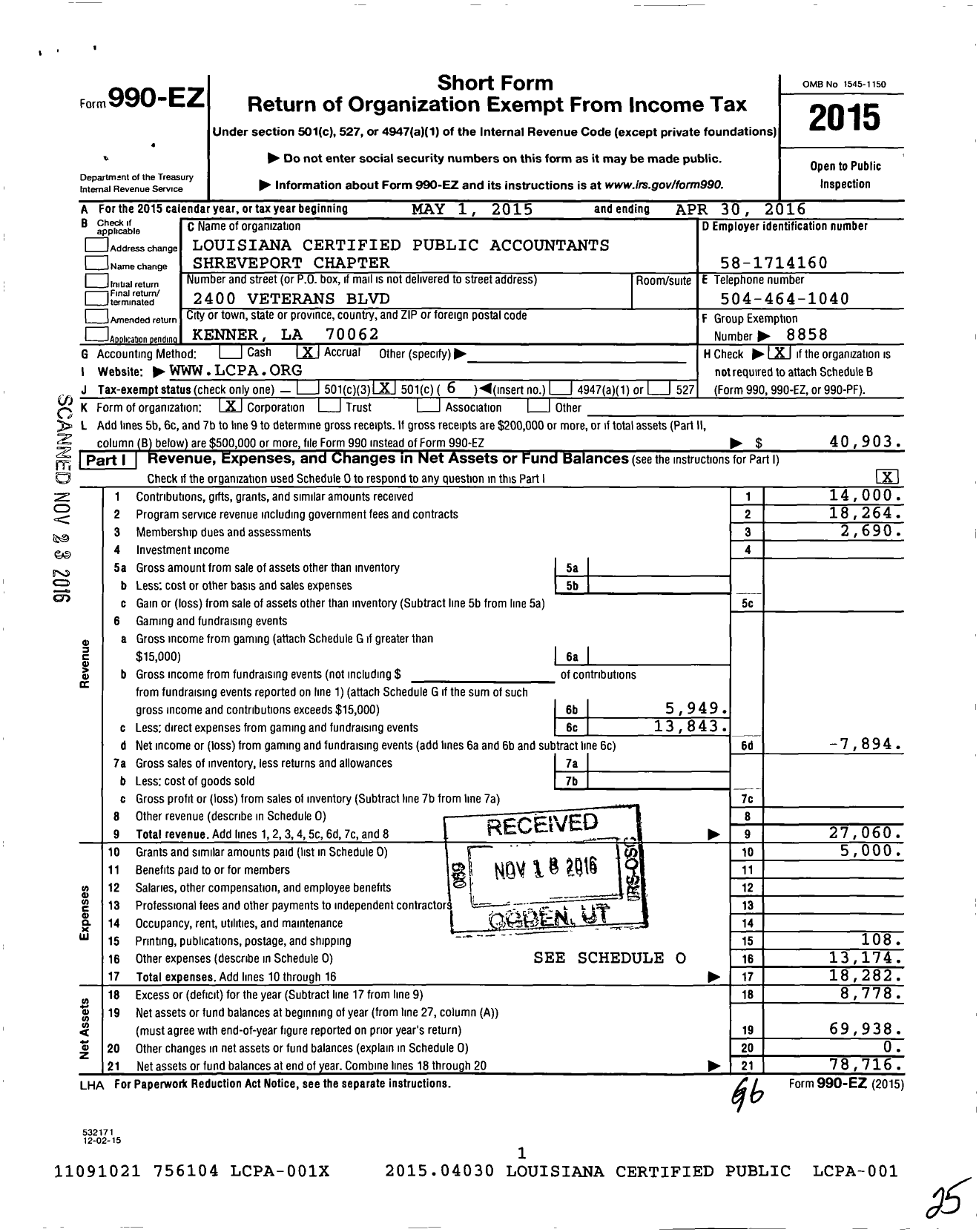 Image of first page of 2015 Form 990EO for Louisiana Certified Public Accountants Shreveport Chapter