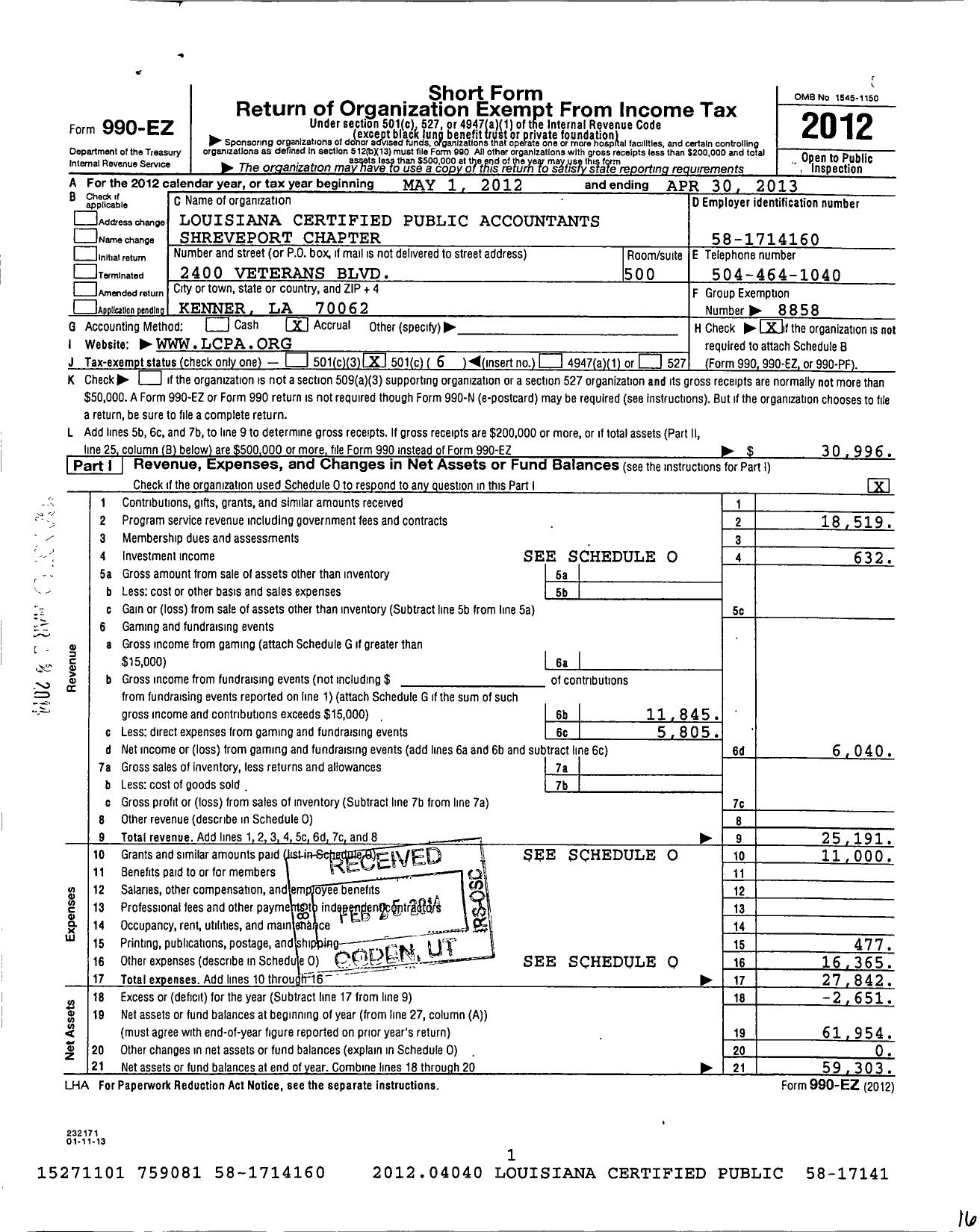 Image of first page of 2012 Form 990EO for Louisiana Certified Public Accountants Shreveport Chapter