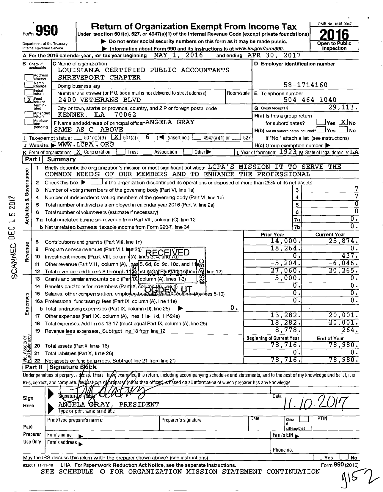 Image of first page of 2016 Form 990O for Louisiana Certified Public Accountants Shreveport Chapter