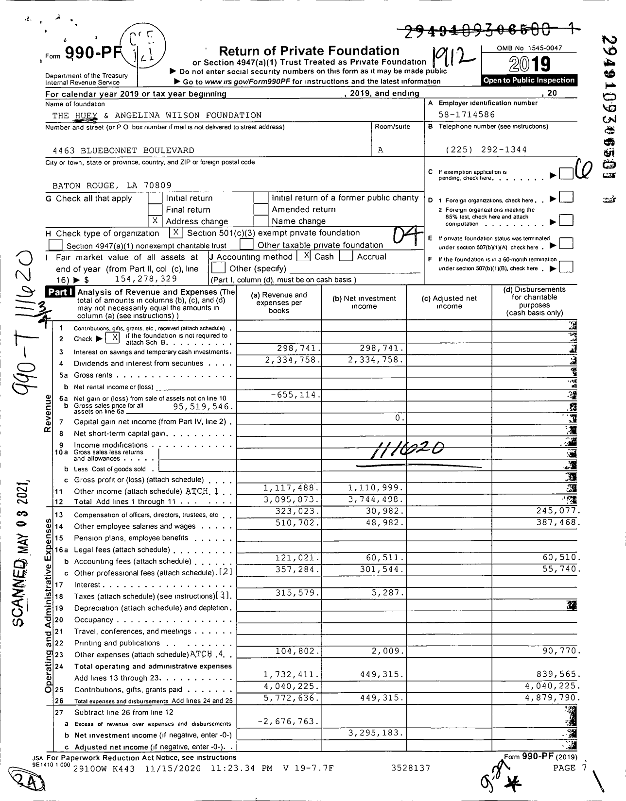 Image of first page of 2019 Form 990PF for The Huey and Angelina Wilson Foundation