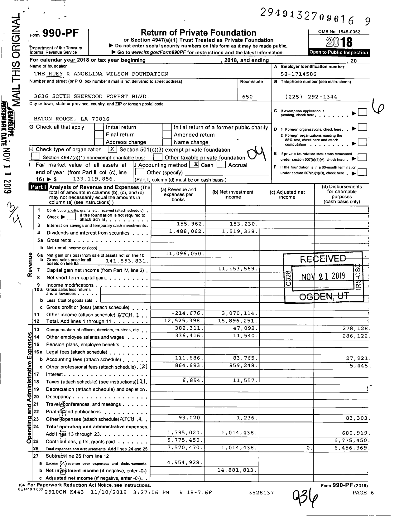 Image of first page of 2018 Form 990PF for The Huey and Angelina Wilson Foundation