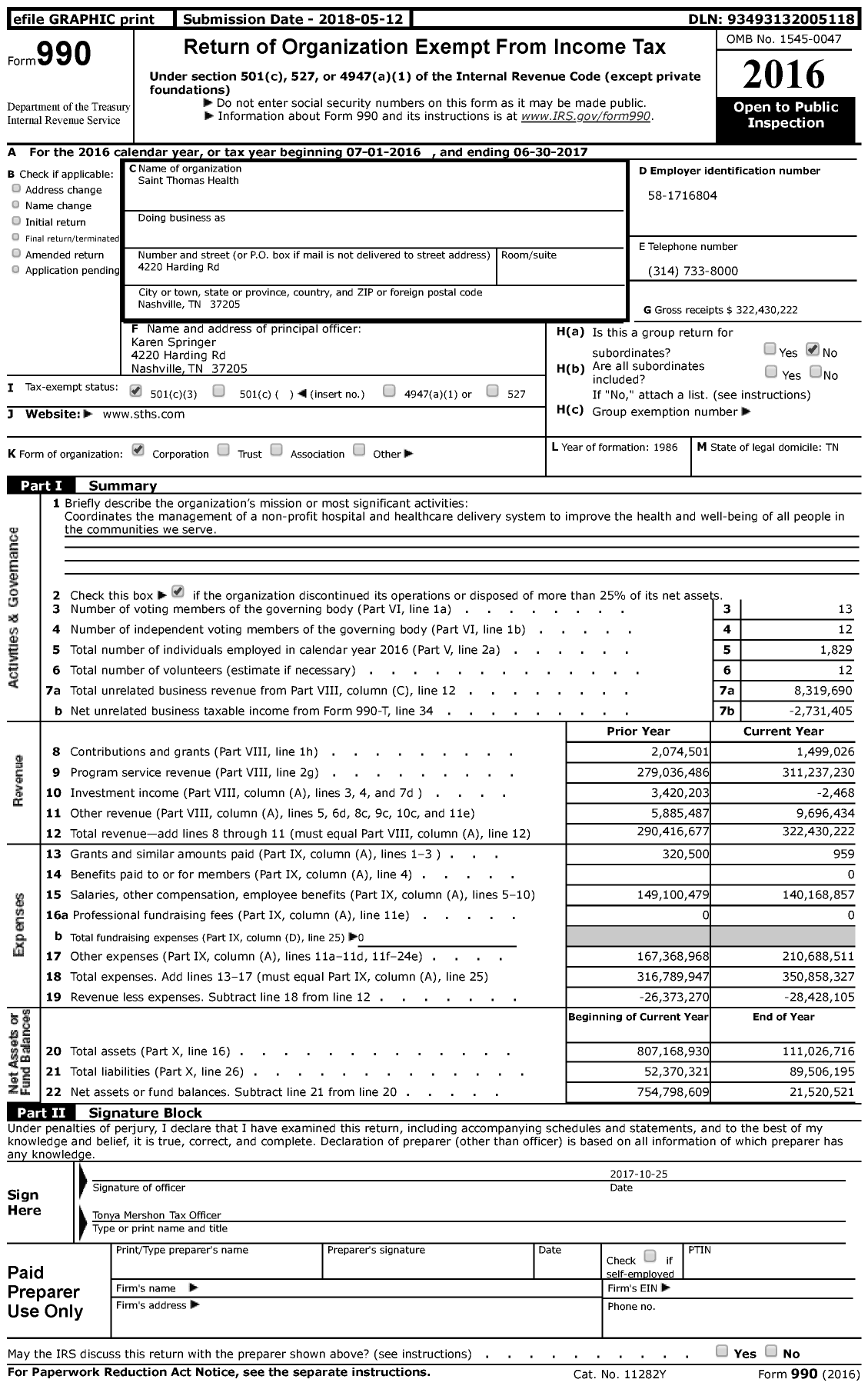 Image of first page of 2016 Form 990 for See Sch O / Saint Thomas Health (STHe)