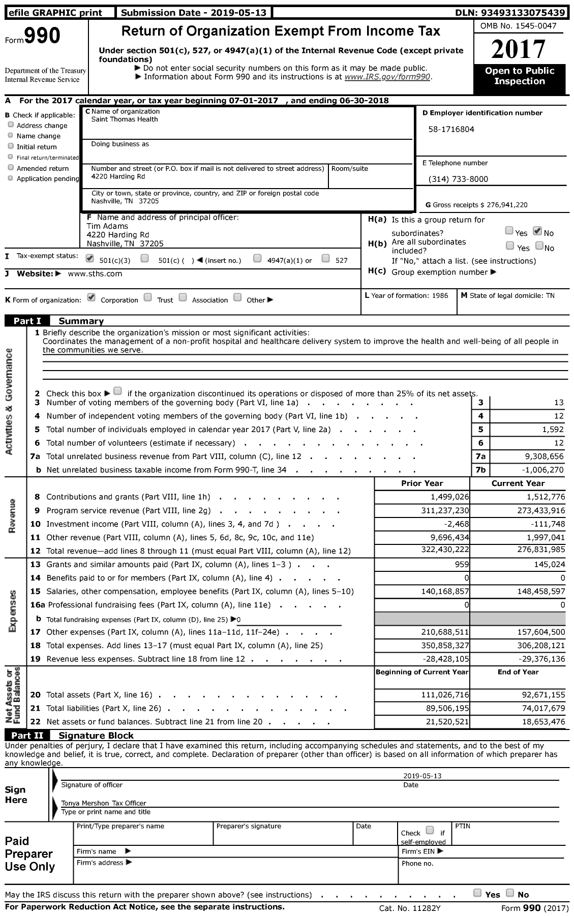 Image of first page of 2017 Form 990 for See Sch O / Saint Thomas Health (STHe)