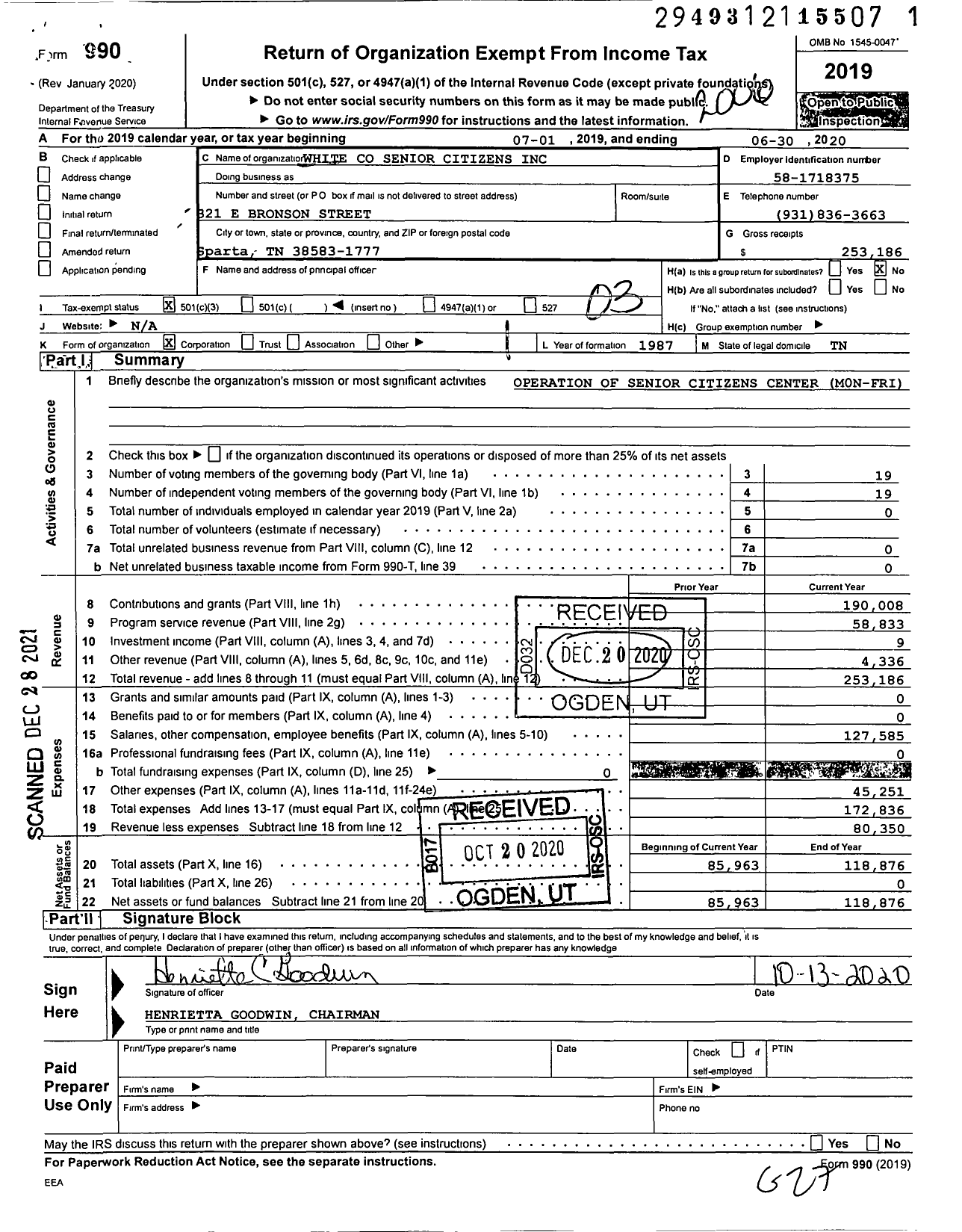 Image of first page of 2019 Form 990 for White Senior Citizens