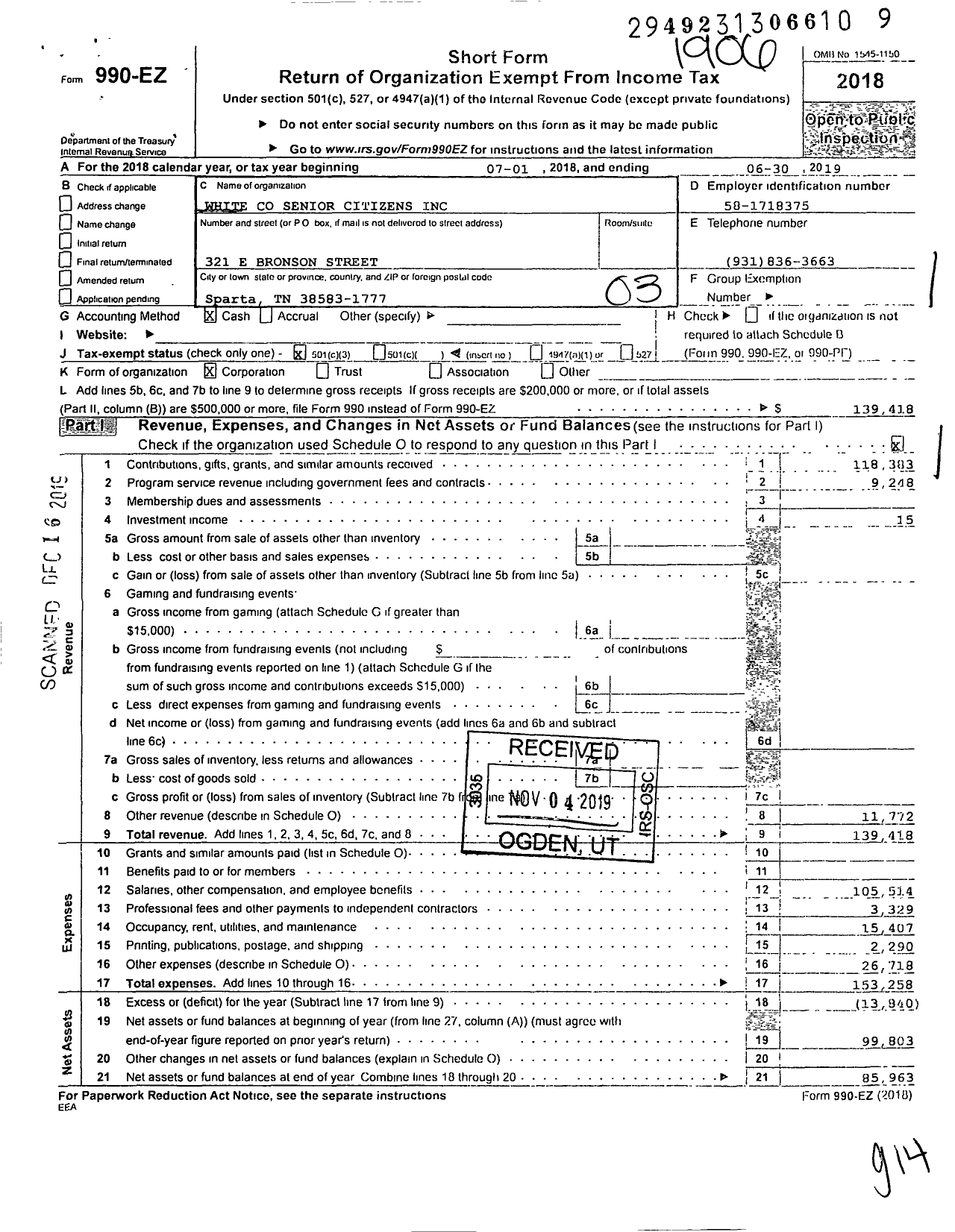 Image of first page of 2018 Form 990EZ for White Senior Citizens