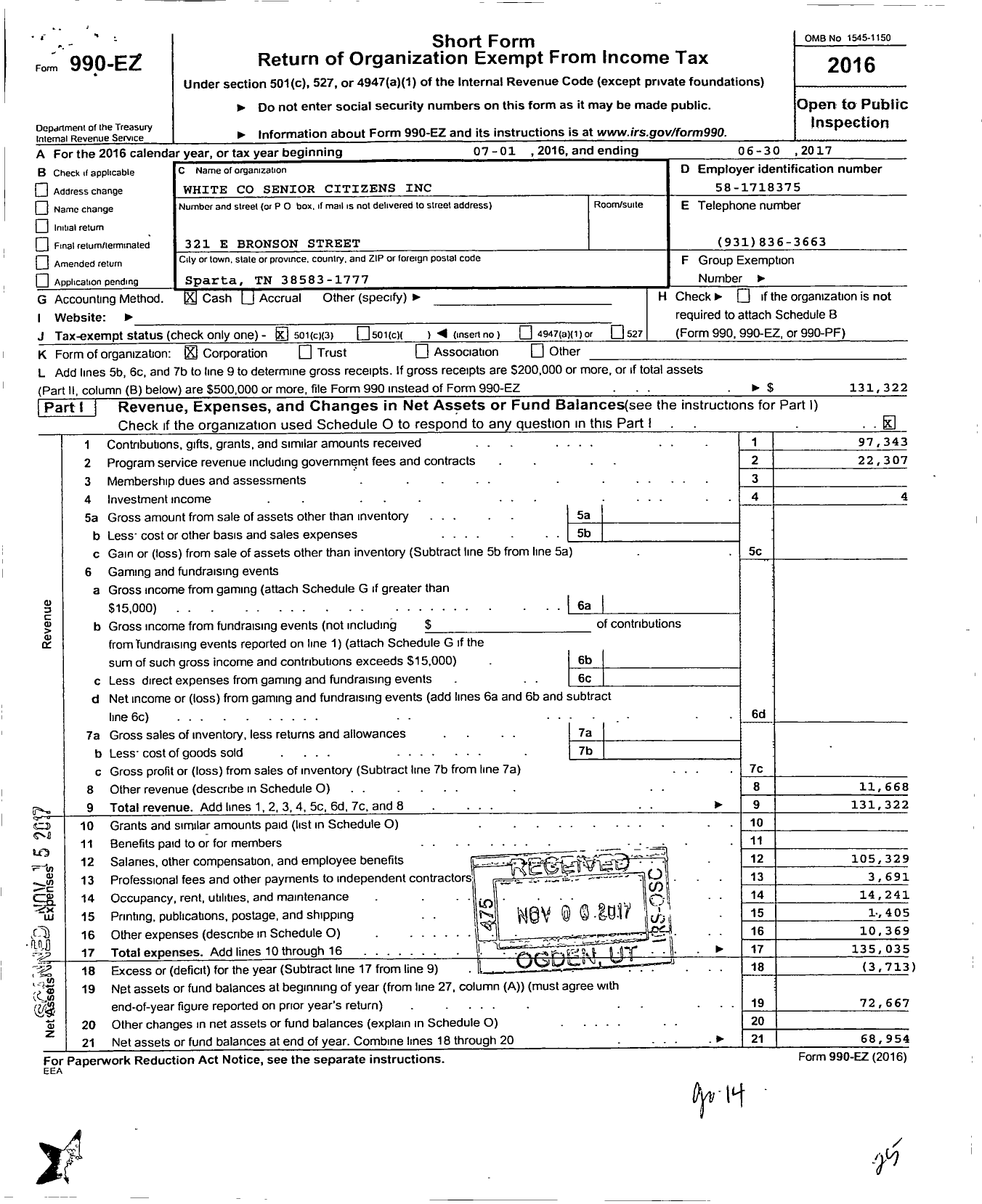 Image of first page of 2016 Form 990EZ for White Senior Citizens