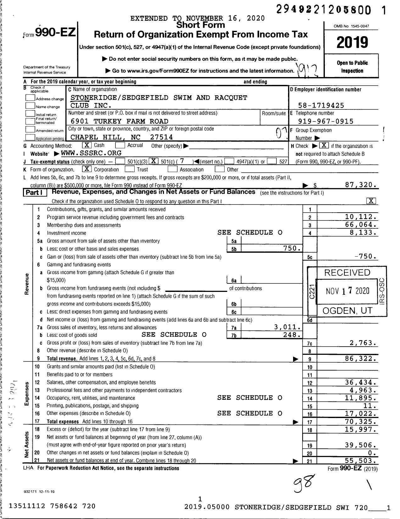 Image of first page of 2019 Form 990EO for Stoneridgesedgefield Swim and Racquet Club