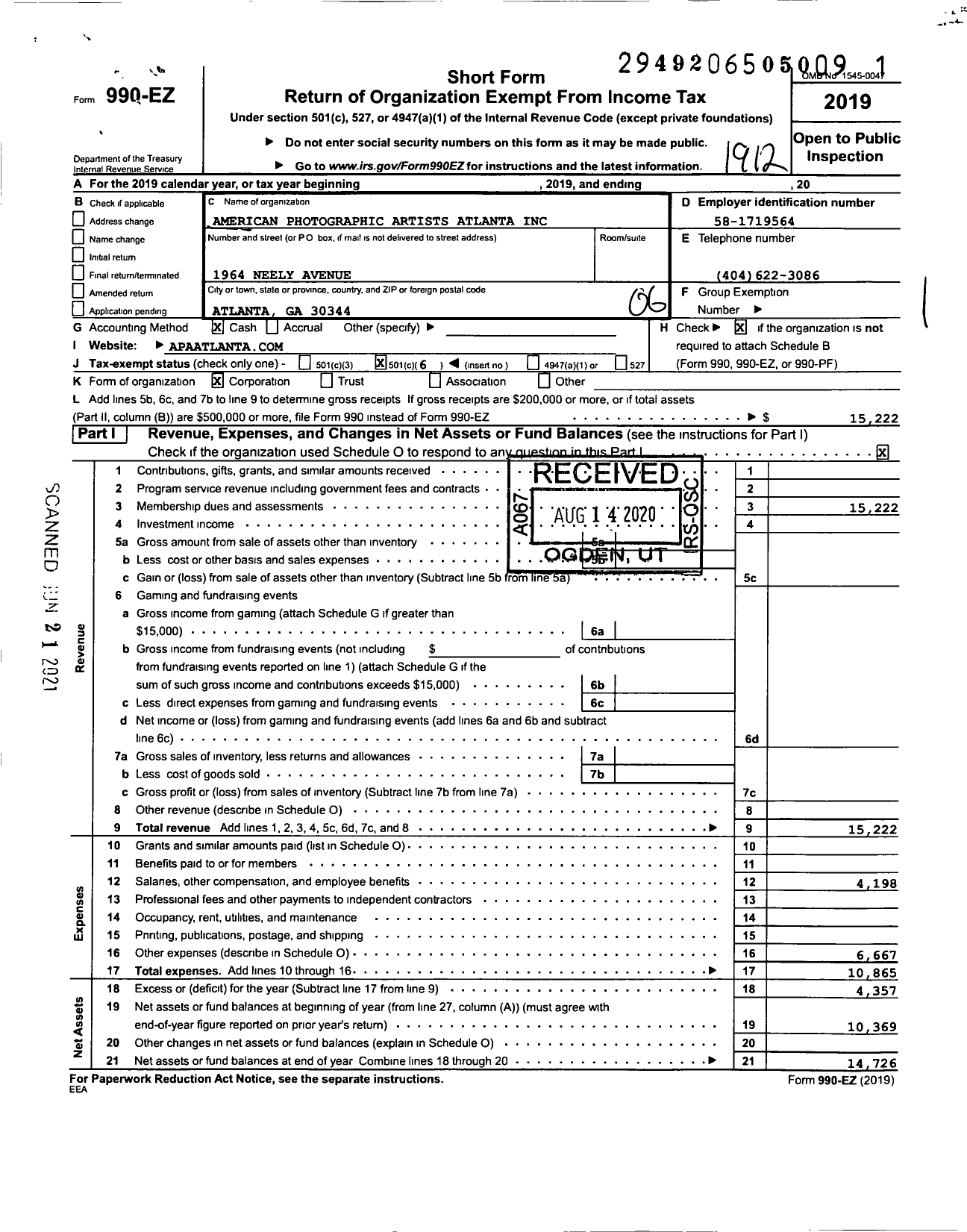 Image of first page of 2019 Form 990EO for American Photographic Artists Atlanta