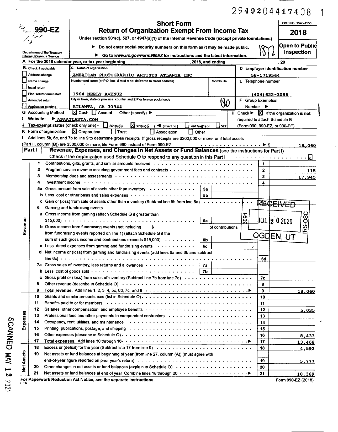 Image of first page of 2018 Form 990EO for American Photographic Artists Atlanta