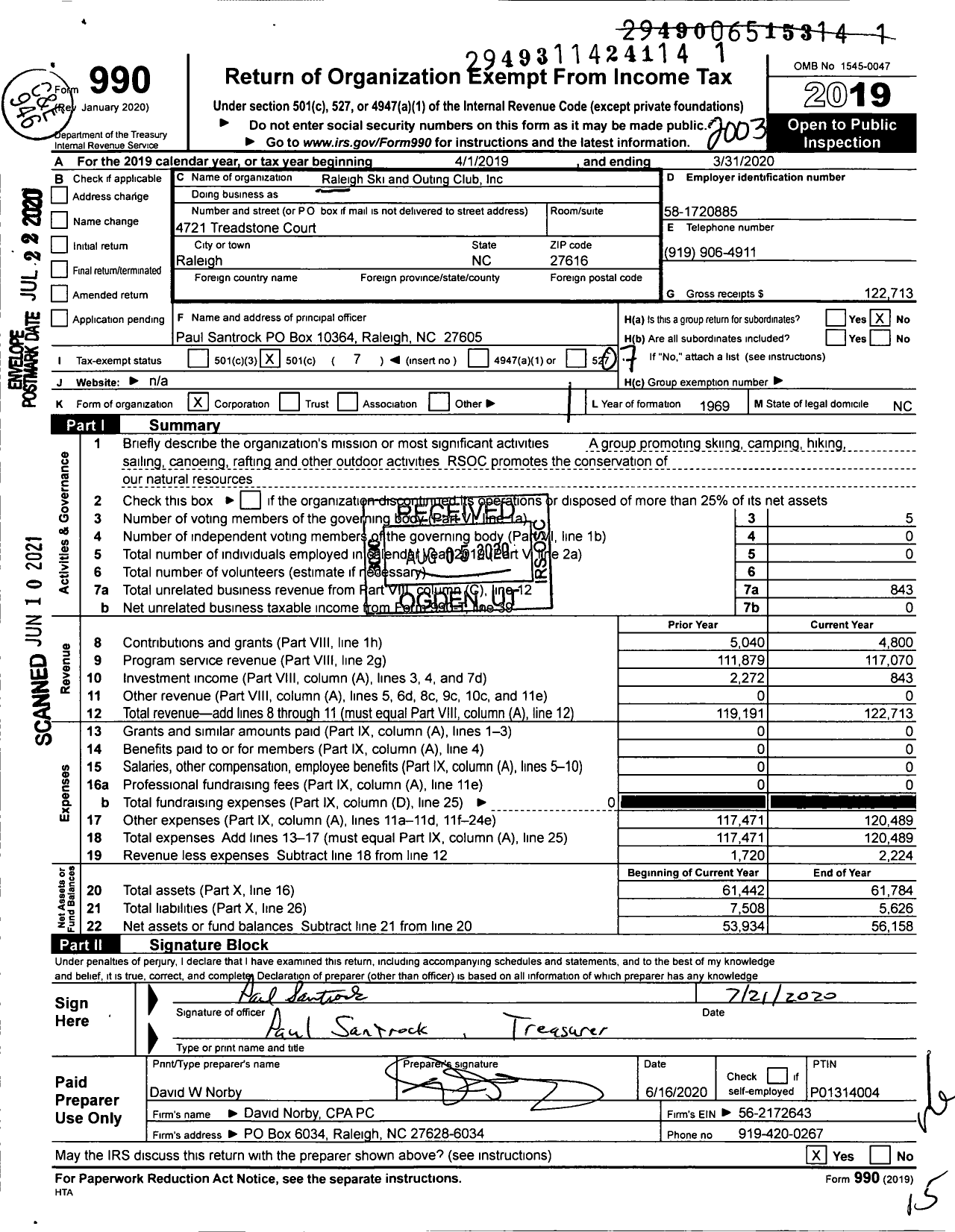 Image of first page of 2019 Form 990O for Raleigh Ski and Outing Club