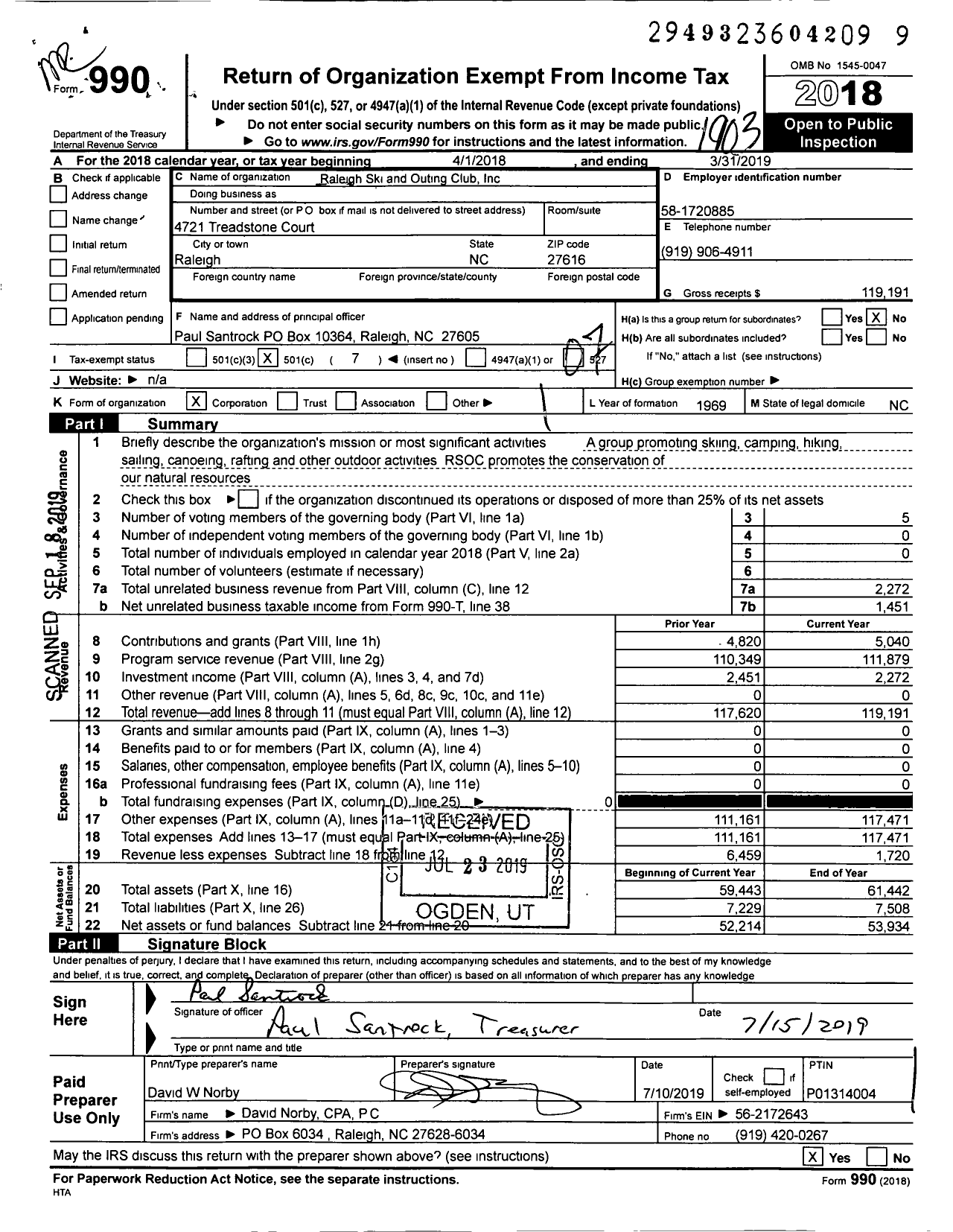 Image of first page of 2018 Form 990O for Raleigh Ski and Outing Club