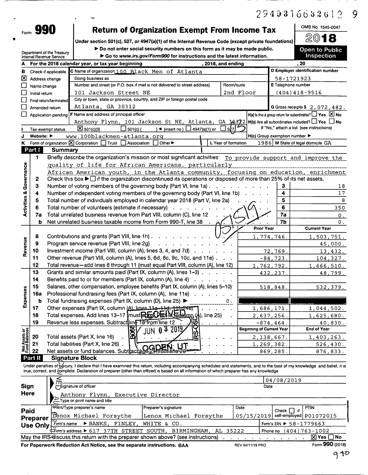 Image of first page of 2018 Form 990 for 100 Black Men of Atlanta