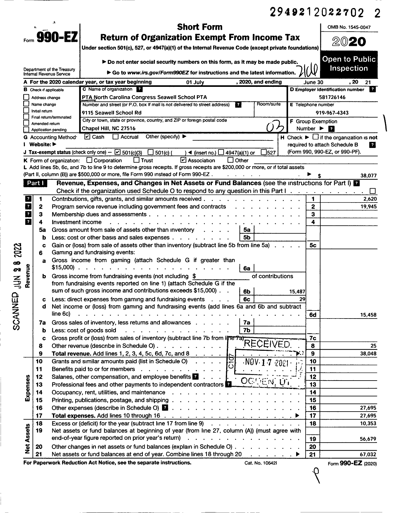 Image of first page of 2020 Form 990EZ for NORTH CAROLINA PTA - Elizabeth Seawell Elementary School