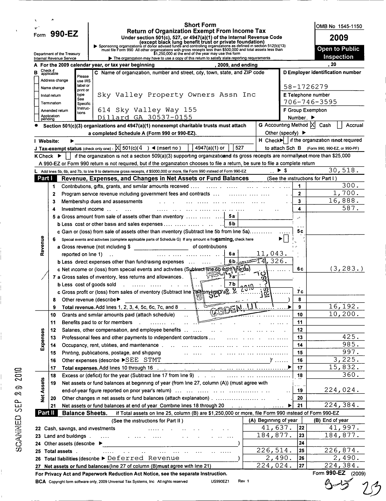 Image of first page of 2009 Form 990EO for Sky Valley Property Owners Association