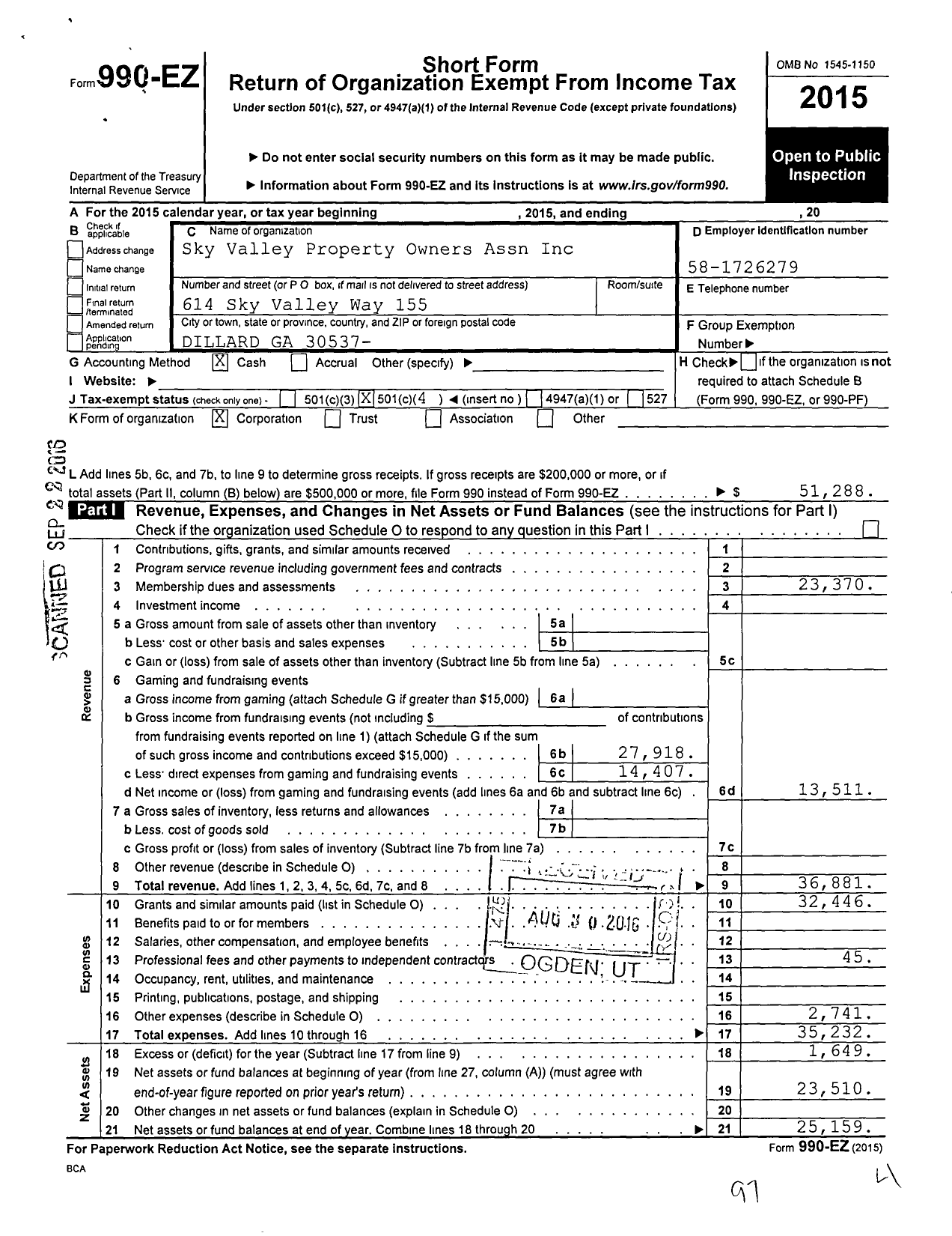Image of first page of 2015 Form 990EO for Sky Valley Property Owners Association