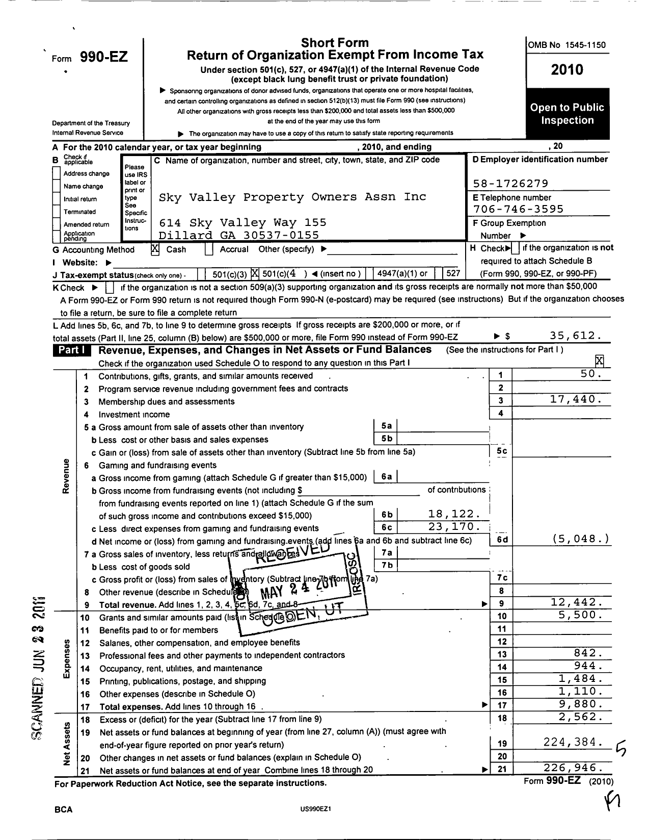 Image of first page of 2010 Form 990EO for Sky Valley Property Owners Association