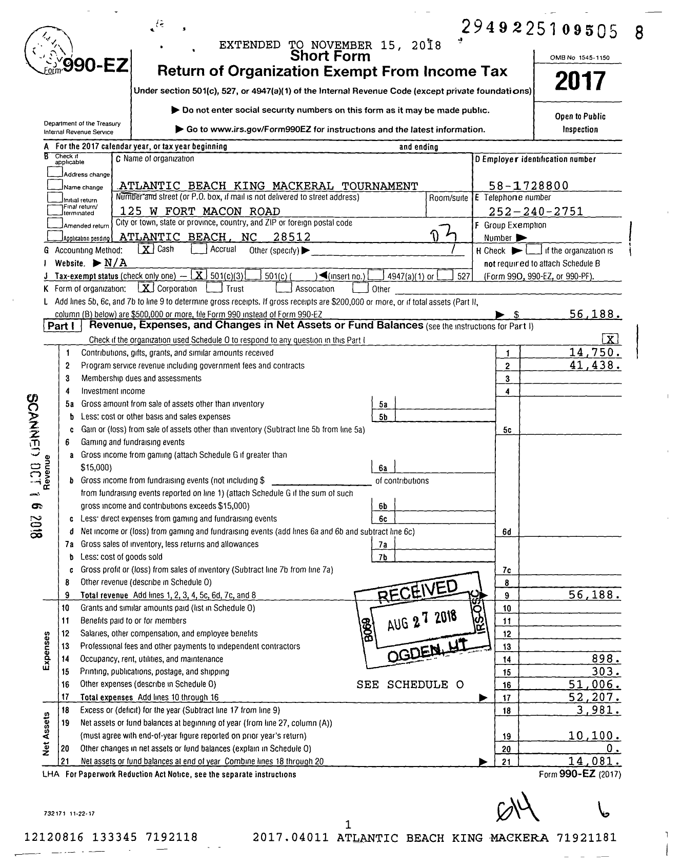 Image of first page of 2017 Form 990EZ for Atlantic Beach King Mackeral Tournament