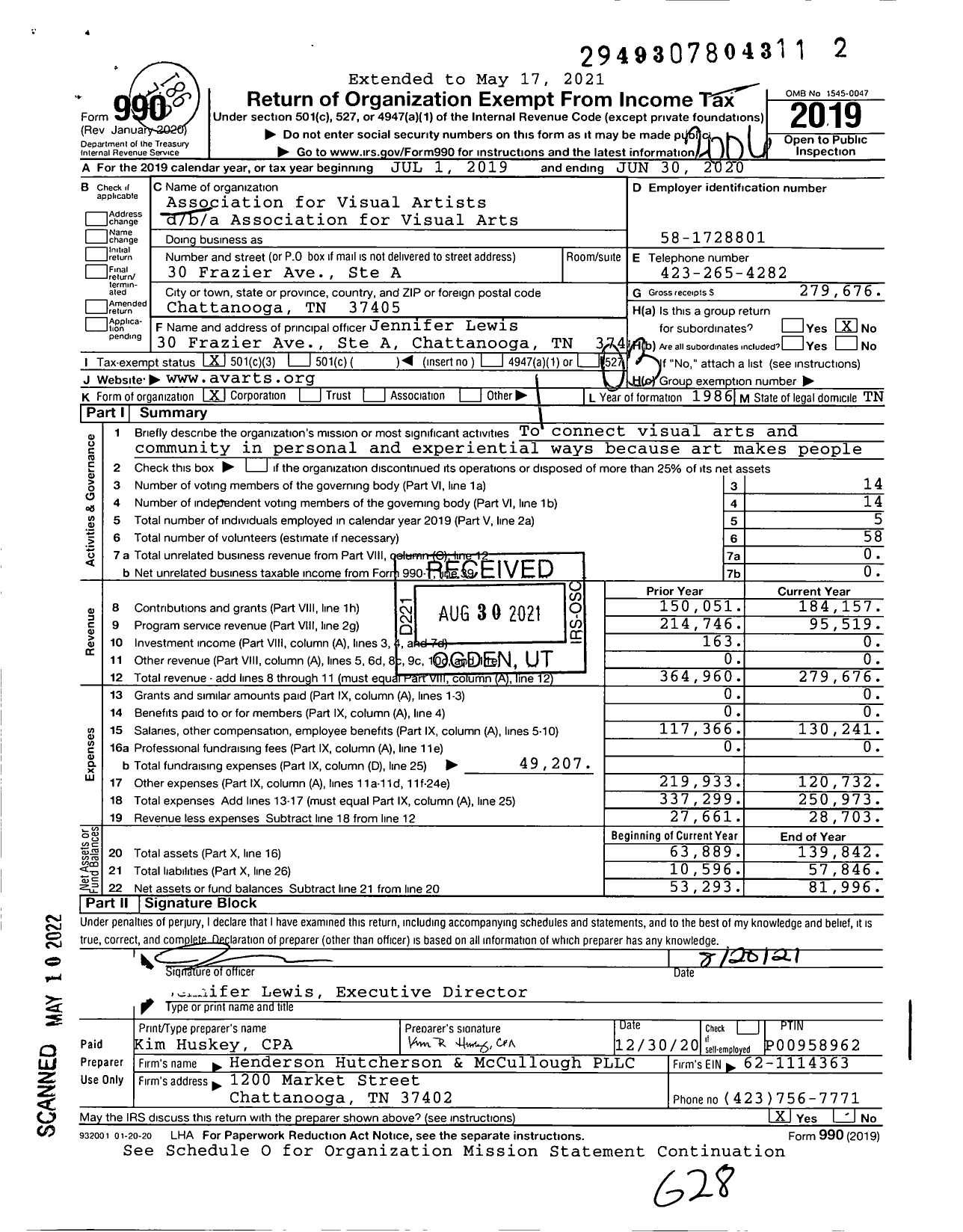 Image of first page of 2019 Form 990 for Association for Visual Arts