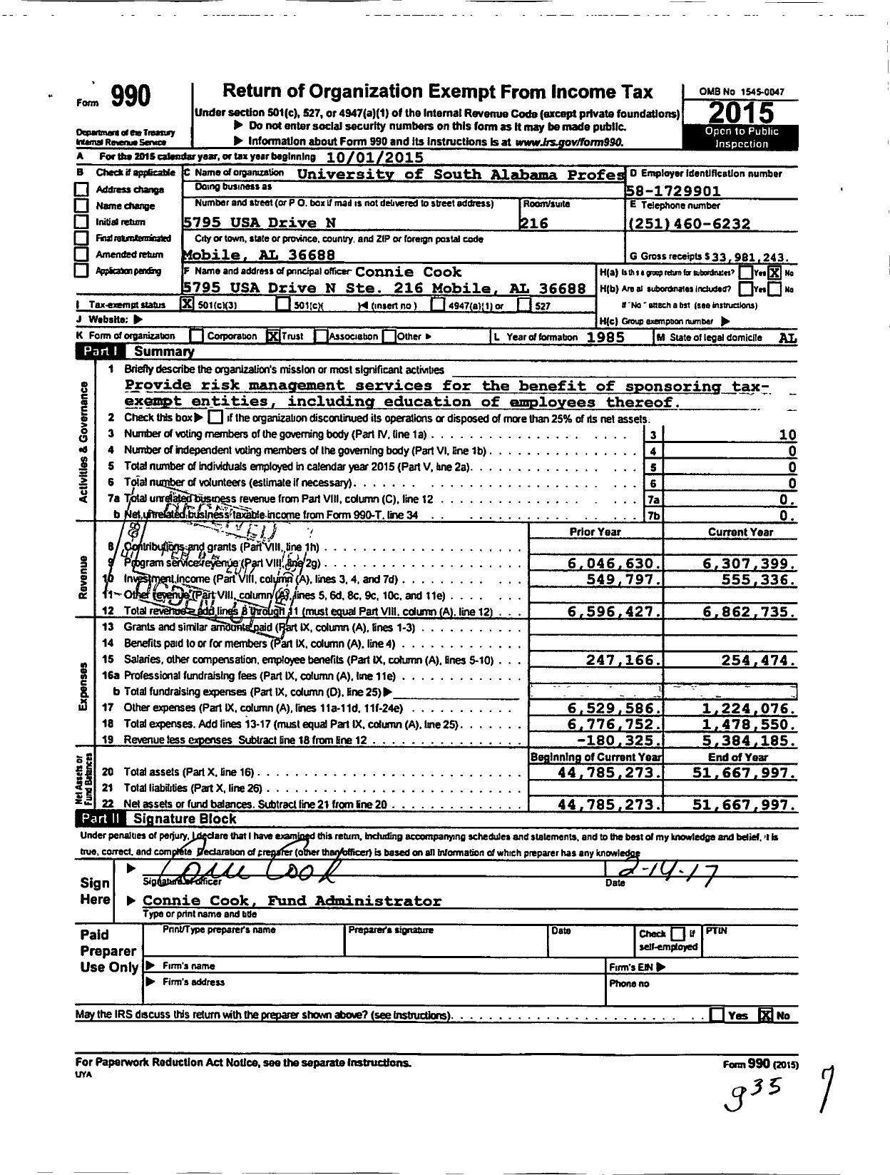 Image of first page of 2014 Form 990 for University of South Alabama Professional Liability Trust Fund