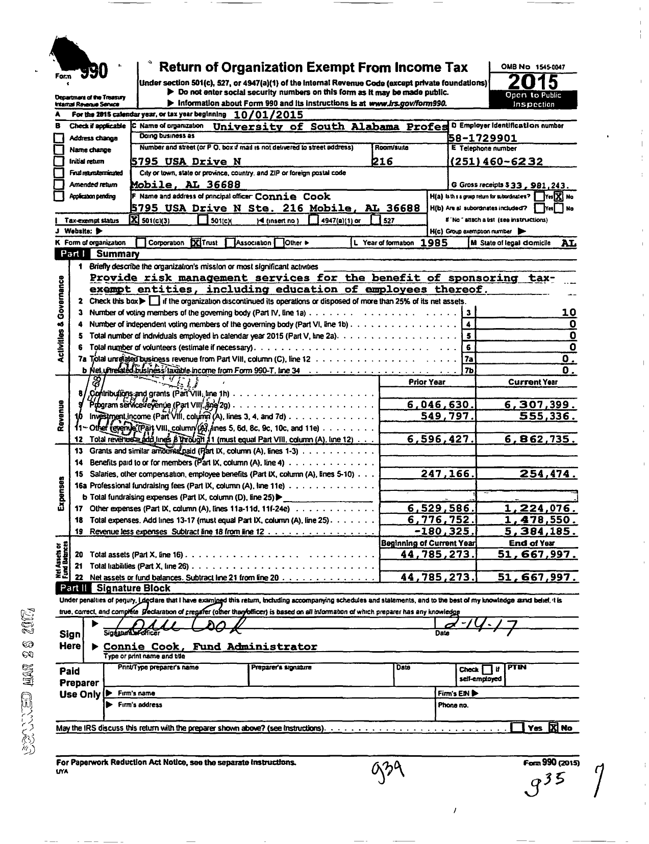 Image of first page of 2014 Form 990 for University of South Alabama Professional Liability Trust Fund